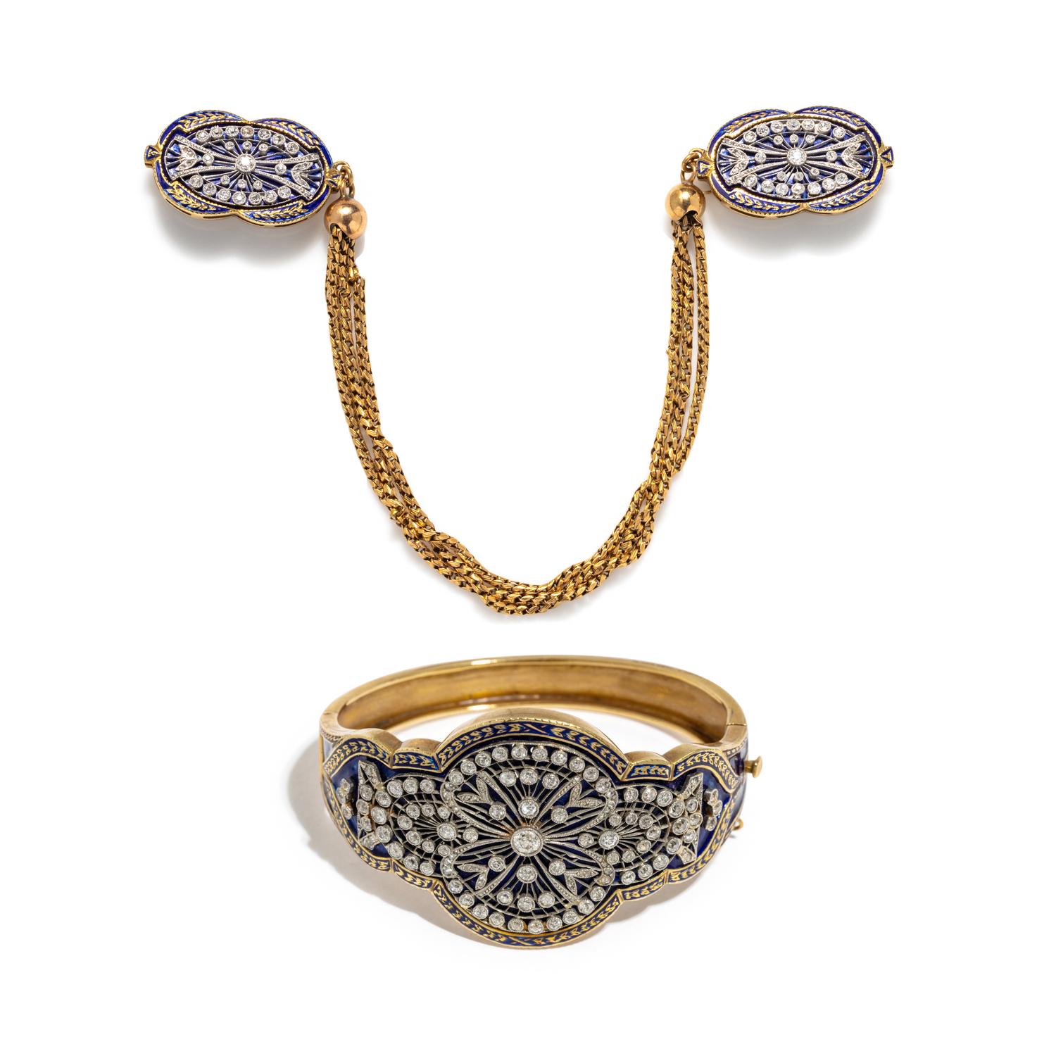 ANTIQUE, ENAMEL AND DIAMOND BANGLE AND CLOAK CLASP