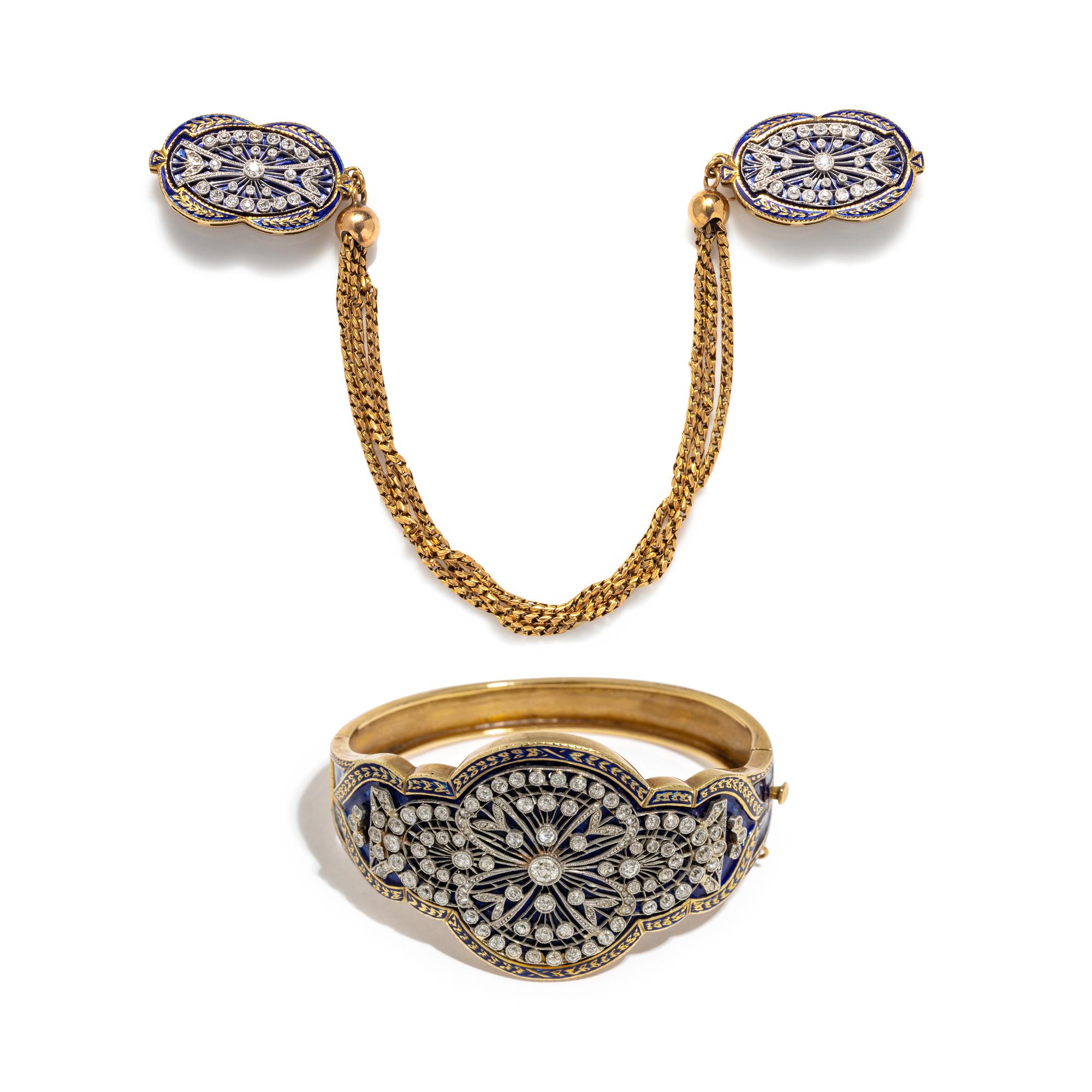 ANTIQUE, ENAMEL AND DIAMOND BANGLE AND CLOAK CLASP