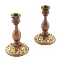 A Pair of Victorian Brass and Walnut Candlesticks