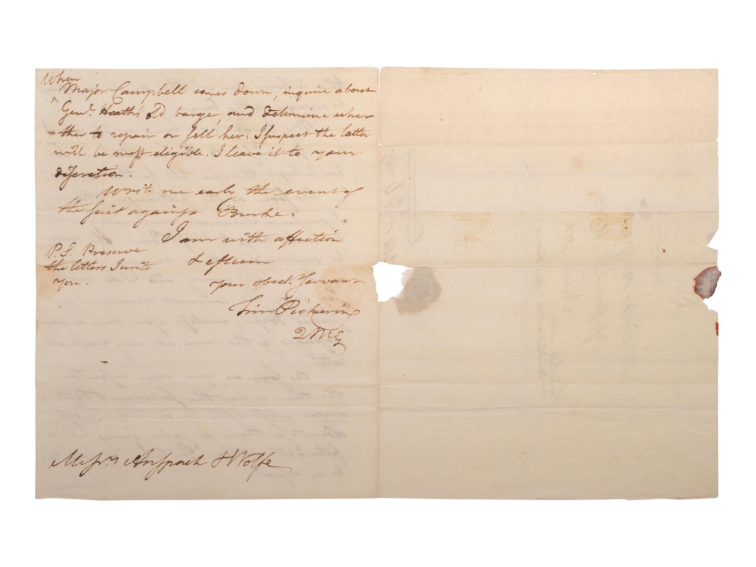 PICKERING, Timothy (1745-1829). Autograph letter signed ("Tim Pickering"), to Peter Anspach and Messr. Wolfe. Elizabethtown, 17 April 1784.