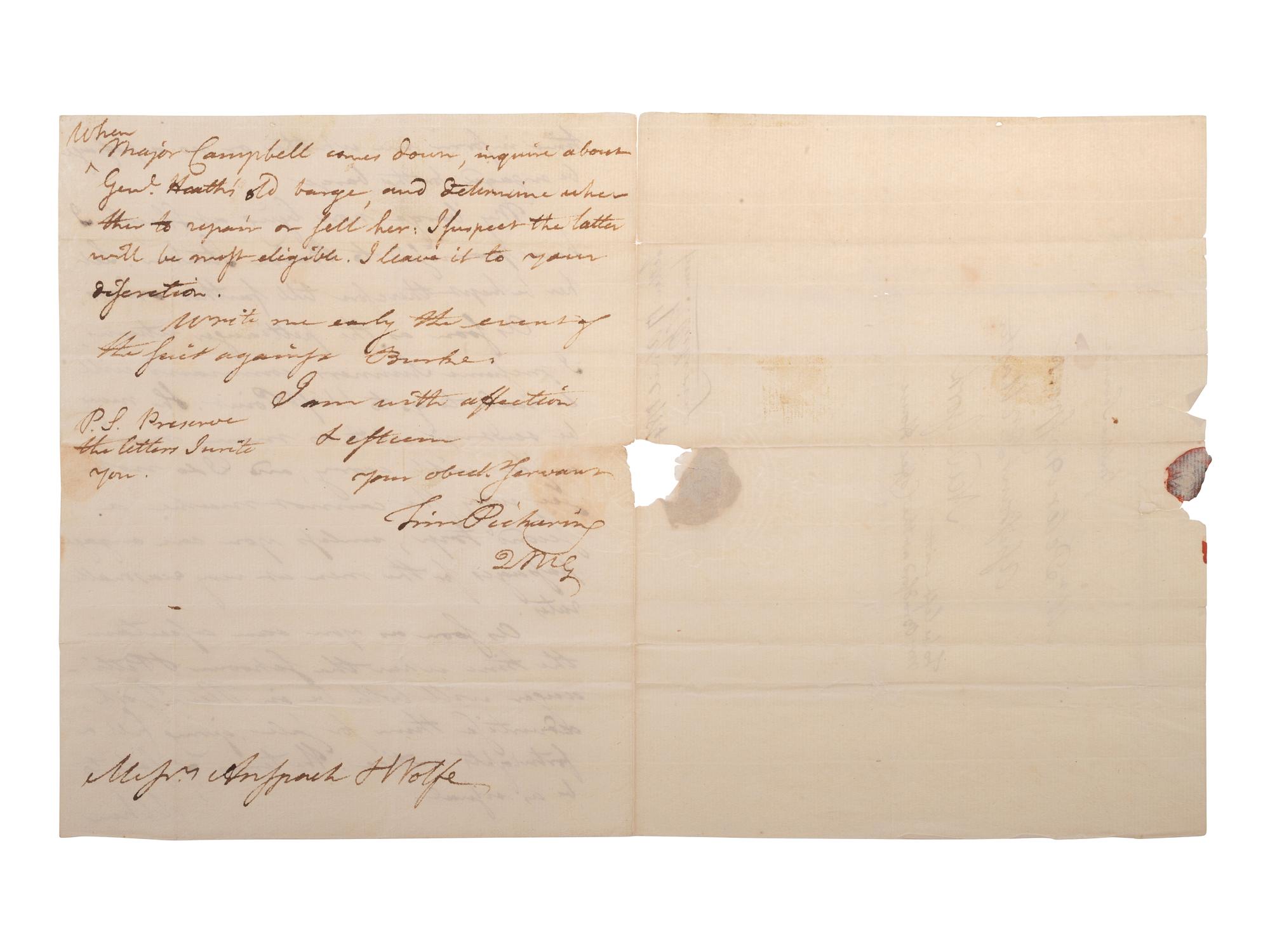 PICKERING, Timothy (1745-1829). Autograph letter signed ("Tim Pickering"), to Peter Anspach and Messr. Wolfe. Elizabethtown, 17 April 1784.