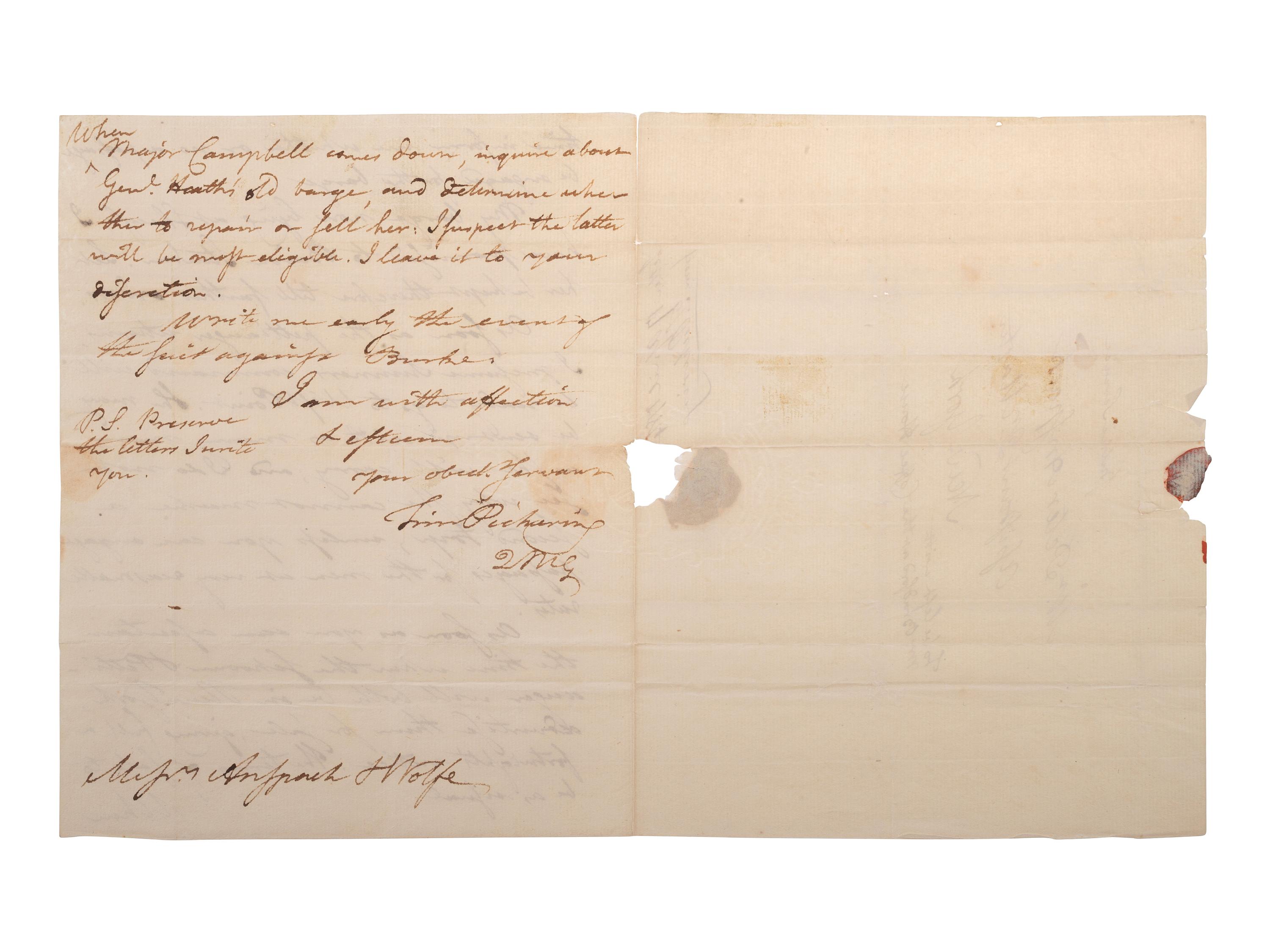 PICKERING, Timothy (1745-1829). Autograph letter signed ("Tim Pickering"), to Peter Anspach and Messr. Wolfe. Elizabethtown, 17 April 1784.