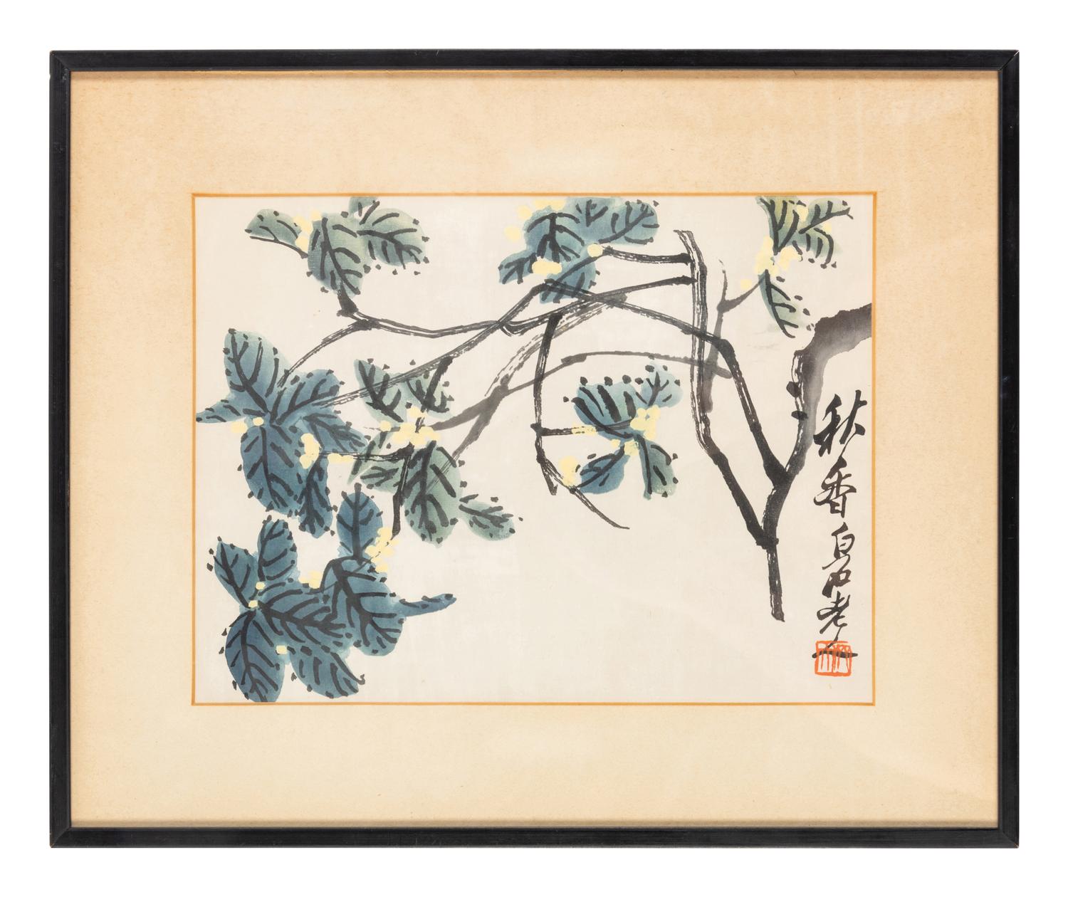 Three Chinese Ink and Color Paintings and One Woodblock Print