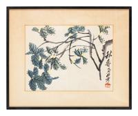 Three Chinese Ink and Color Paintings and One Woodblock Print