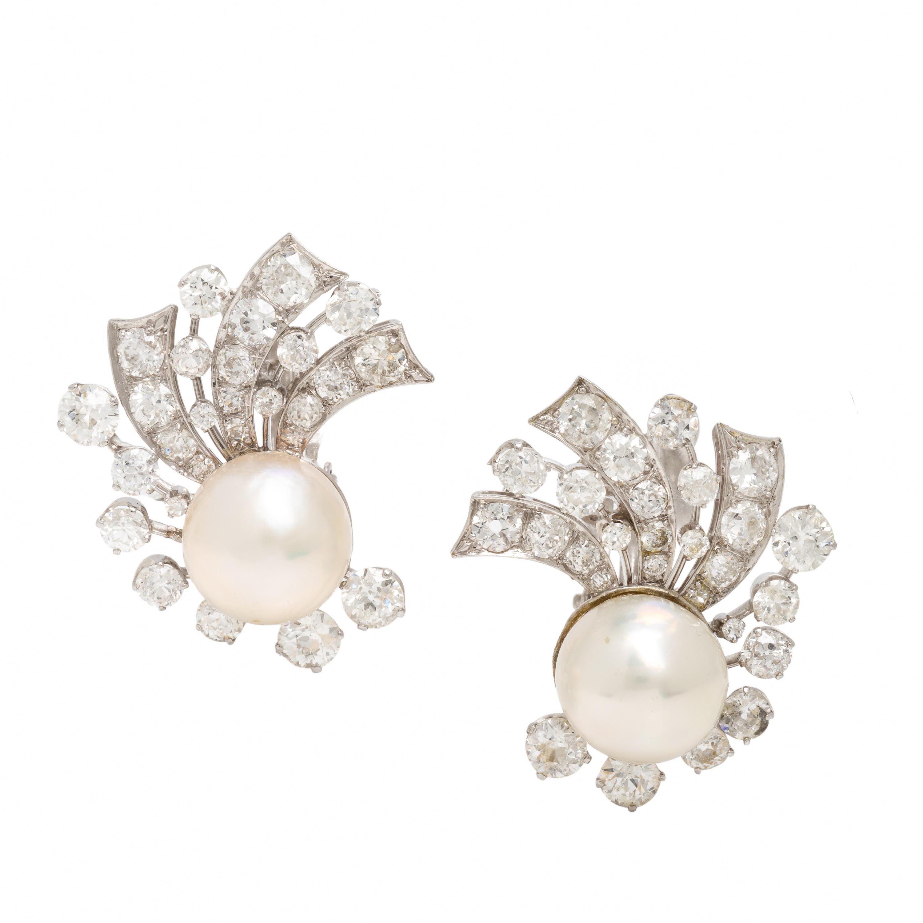 Cultured Pearl, Diamond, and Platinum Earrings