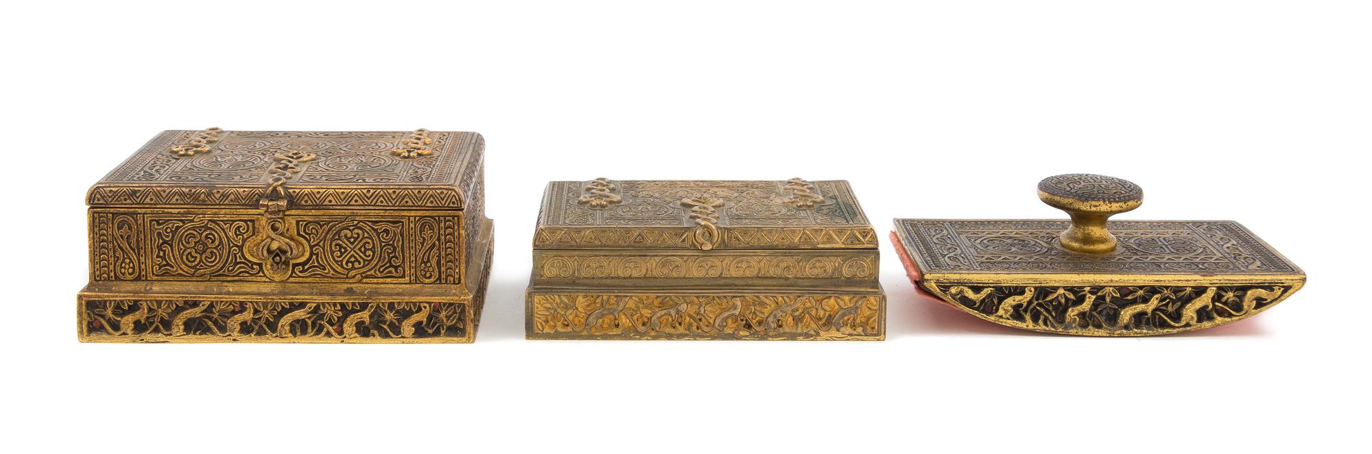 A Tiffany Studios Gilt Bronze Desk Set Height of largest 5 1/4 x width 3 3/4 x depth 2 1/2 inches.