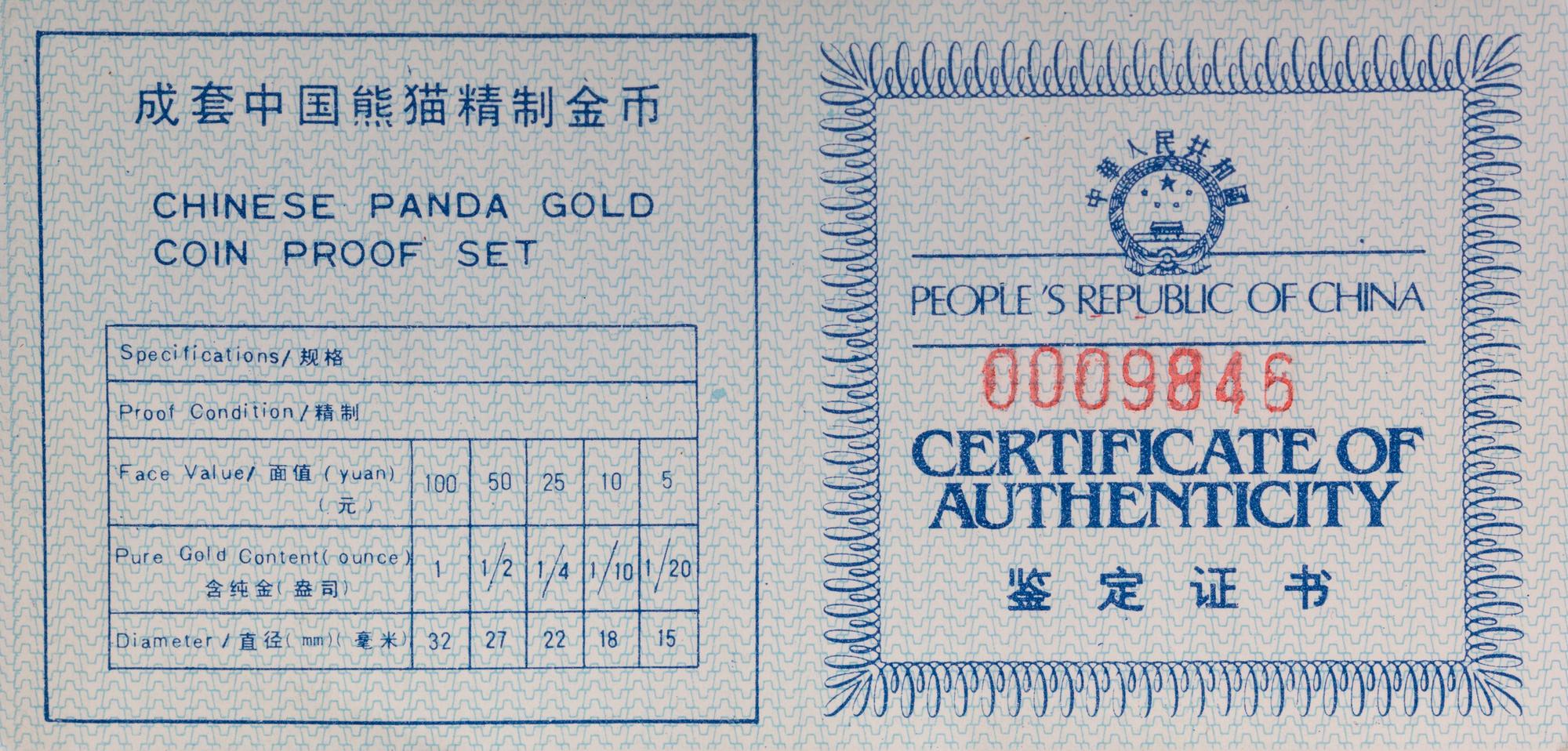 A China 1987 Panda Five Gold Coin Proof Set