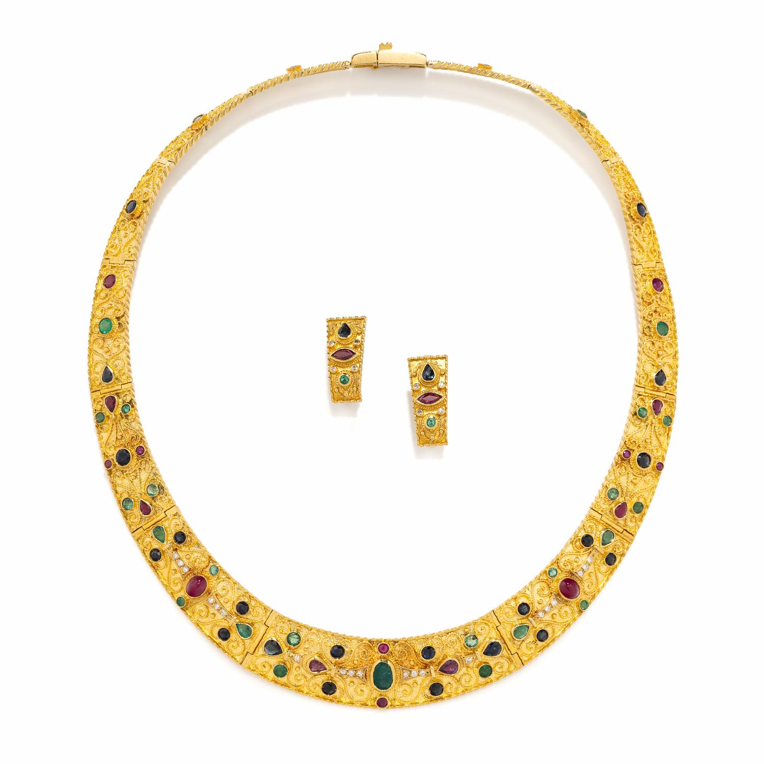 YELLOW GOLD, MULTIGEM, AND DIAMOND EARRINGS AND NECKLACE