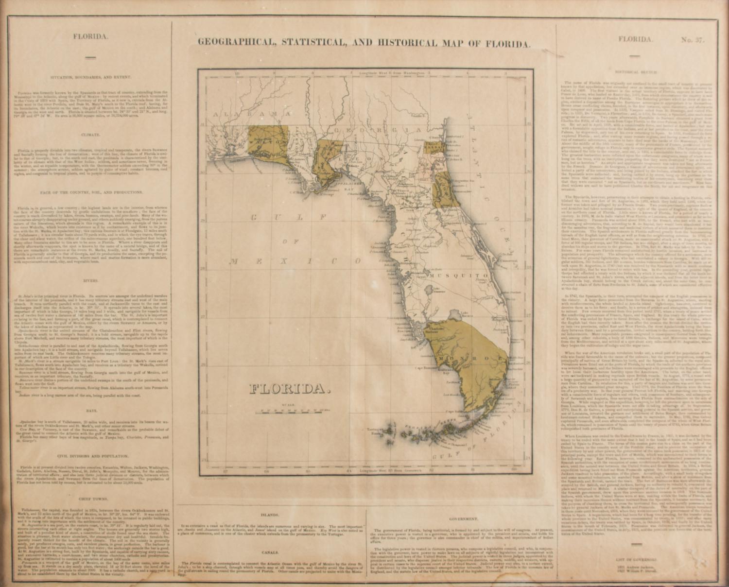A Geographical, Statistical, and Historical Map of Florida Image: 17 1/4 x 21 3/4 inches — 19TH CENTURY
