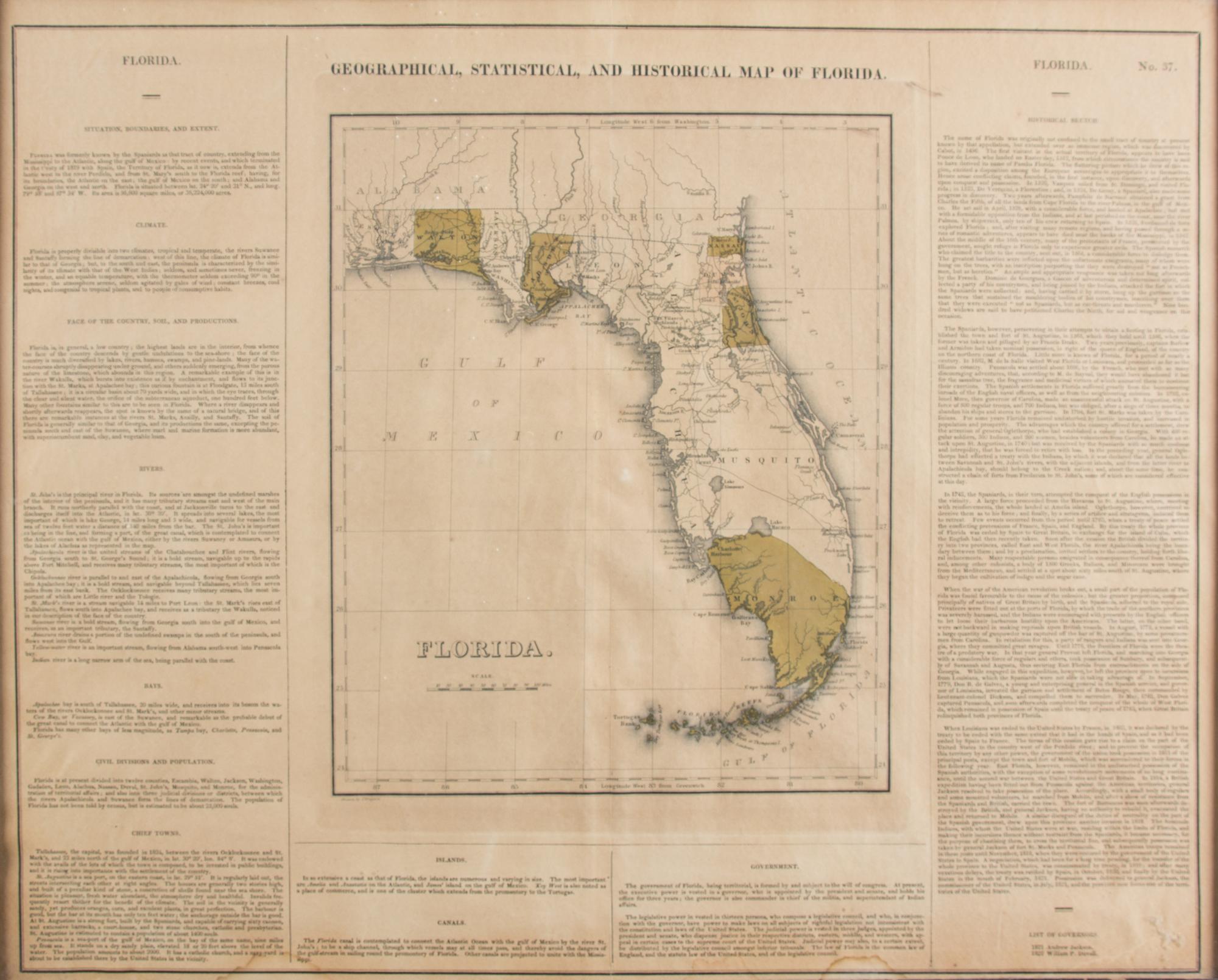 A Geographical, Statistical, and Historical Map of Florida Image: 17 1/4 x 21 3/4 inches — 19TH CENTURY