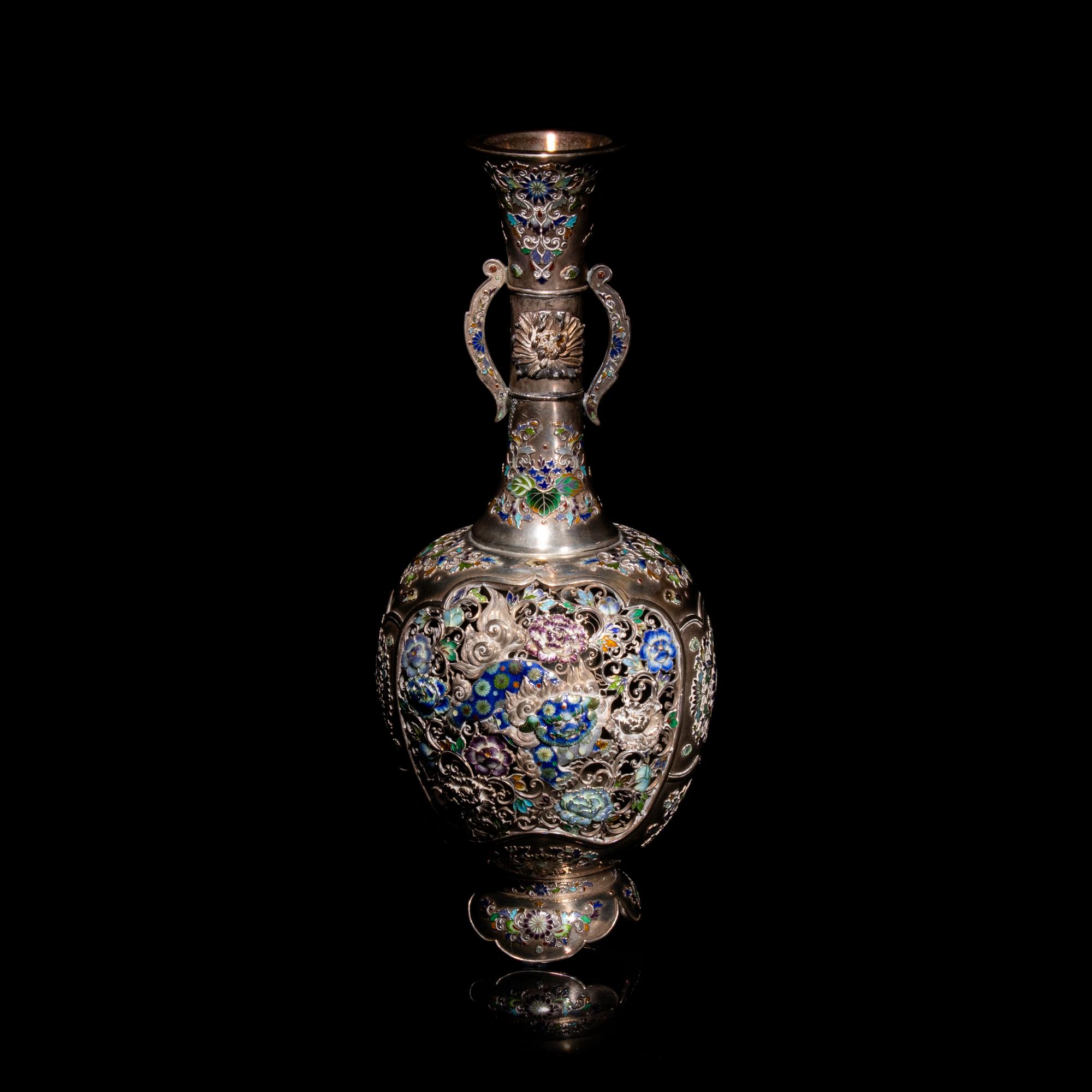 A Japanese Pierced Silver and Enamel Vase, Early 20th Century