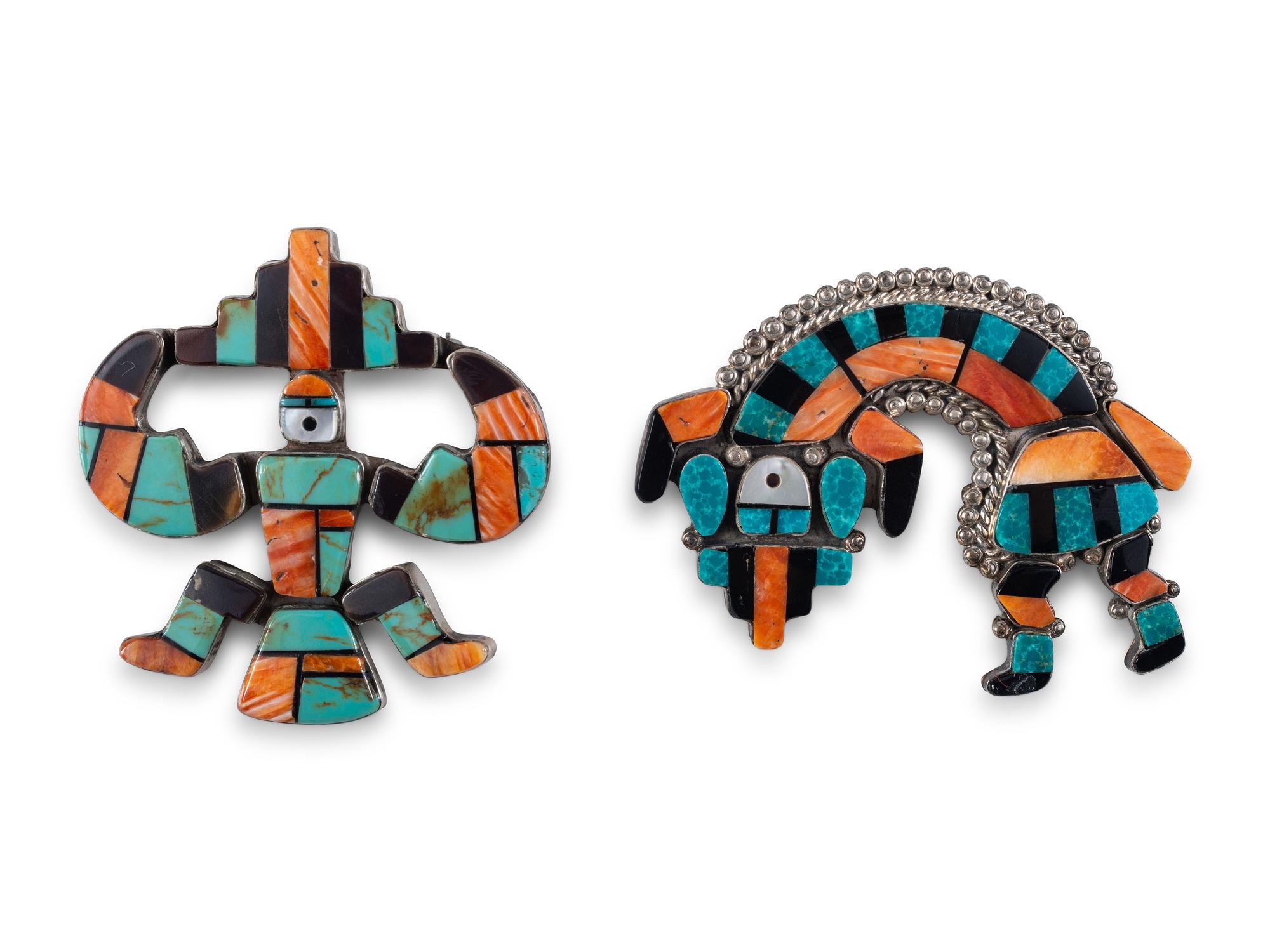 Zuni Sterling Silver and Mosaic Inlay Rainbow Man and Knifewing Pin / Pendant