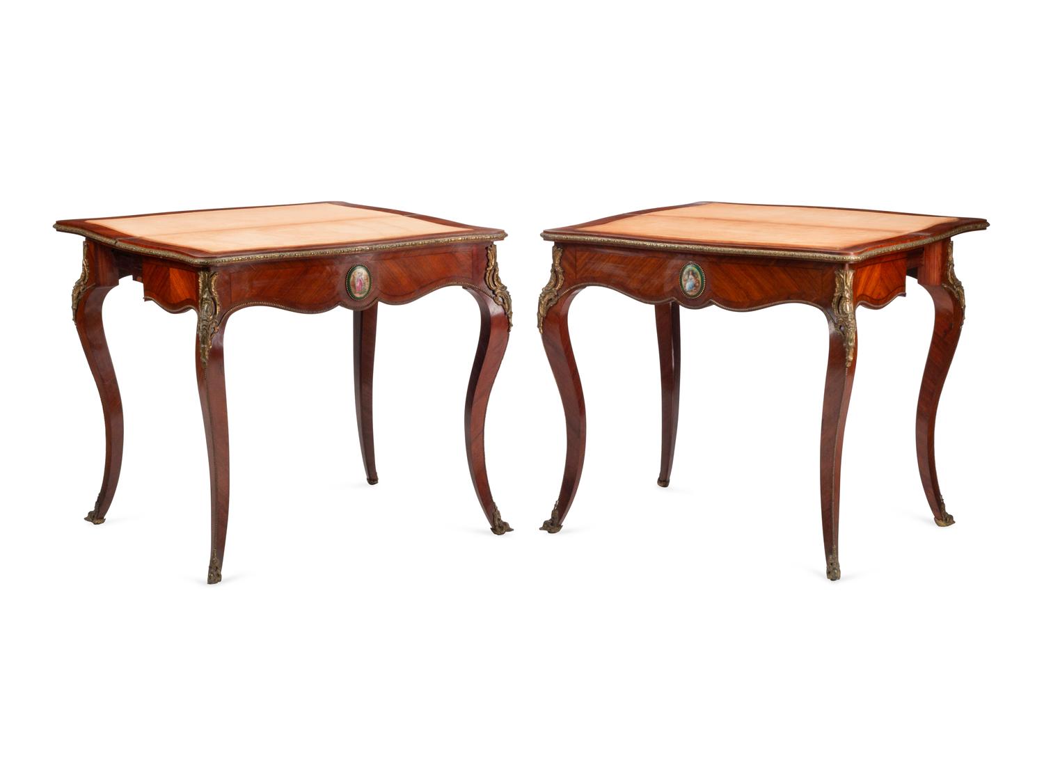 A Pair of Louis XV Style Gilt Bronze and Porcelain Mounted Flip-Top Tables