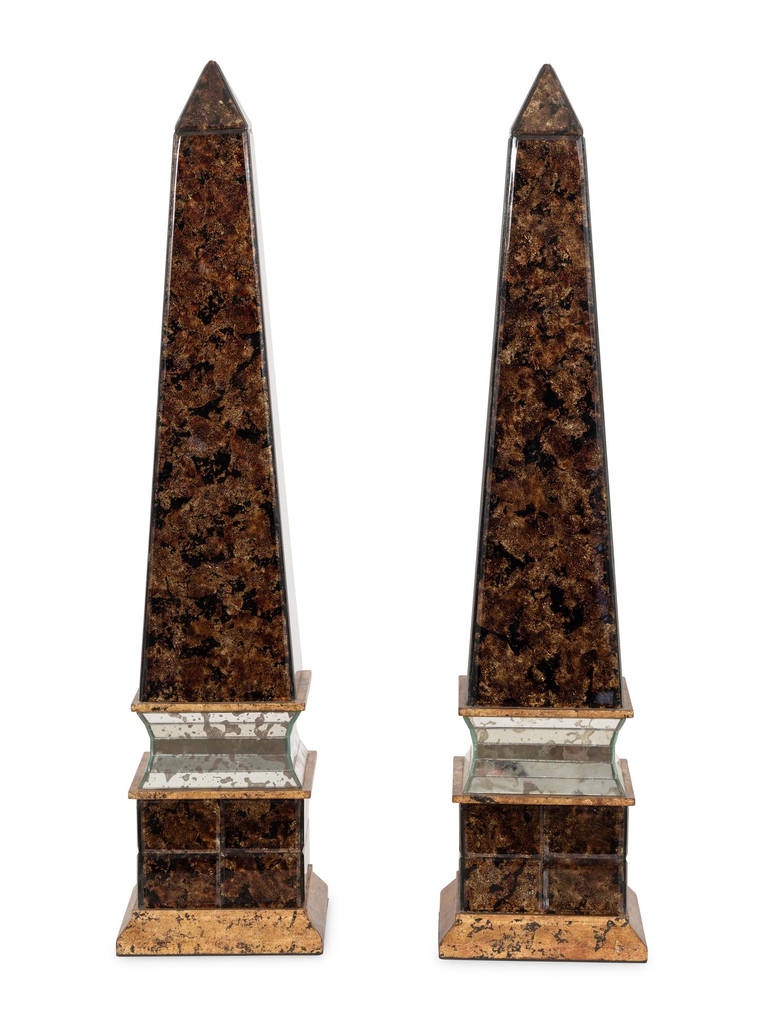 A Pair of Eglomise and Mirror Veneered Obelisks