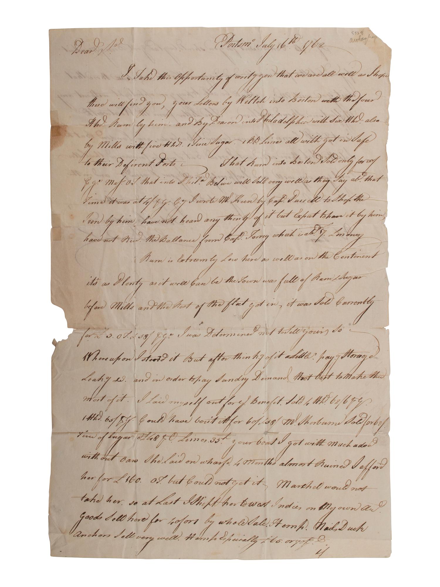 [SIGNER]. LANGDON, John (1741-1819). Letter signed ("John Langdon"). Portsmouth, NH. 16 July 1762. [ With: ] LANGDON, Betsy. ALS 1763.