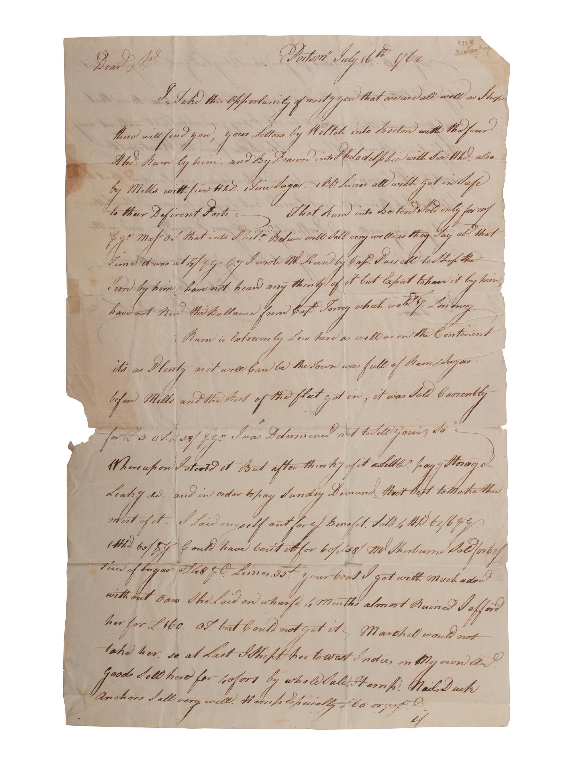 [SIGNER]. LANGDON, John (1741-1819). Letter signed ("John Langdon"). Portsmouth, NH. 16 July 1762. [ With: ] LANGDON, Betsy. ALS 1763.