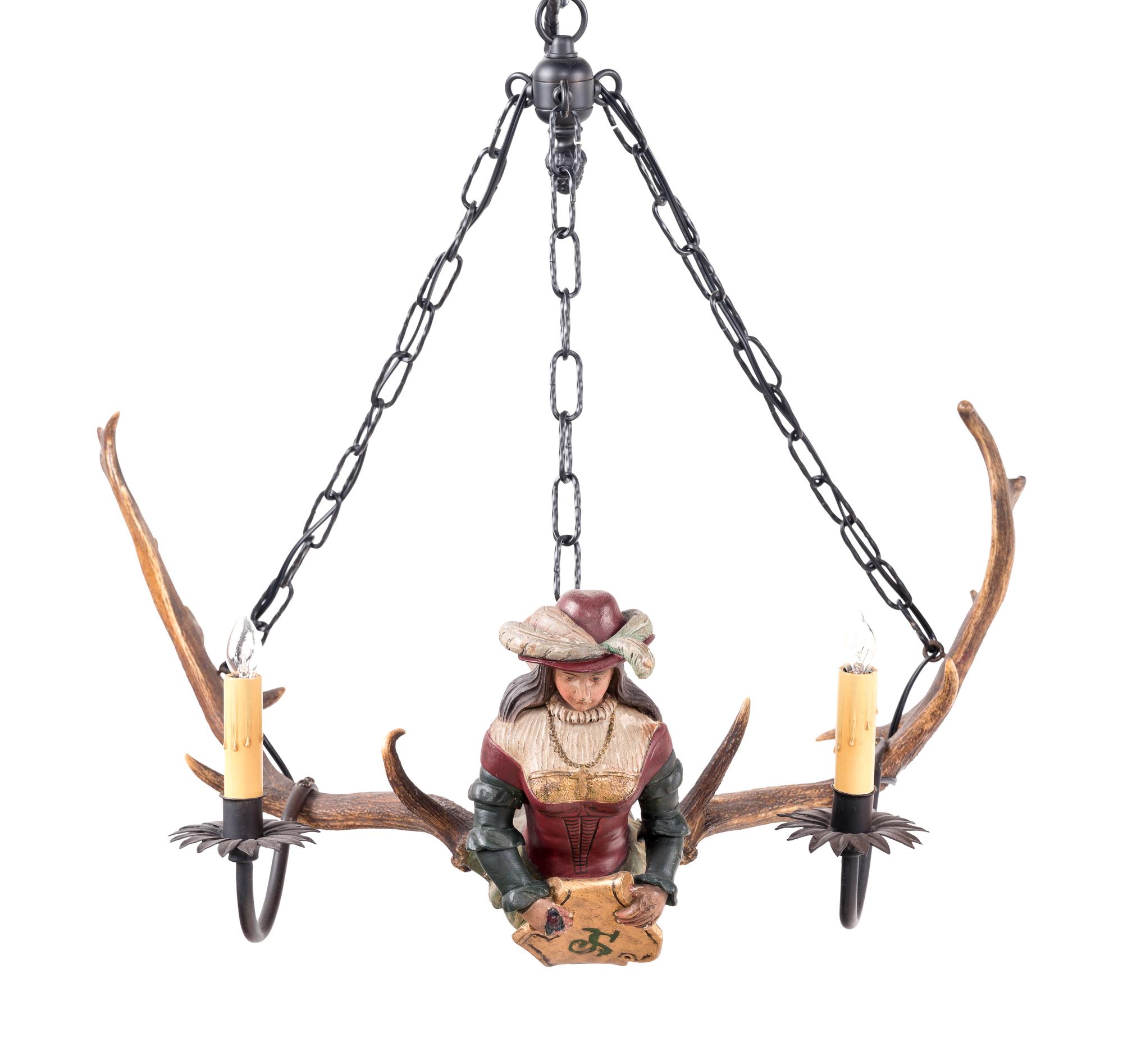 A Black Forest Carved and Polychromed Two-Light Chandelier