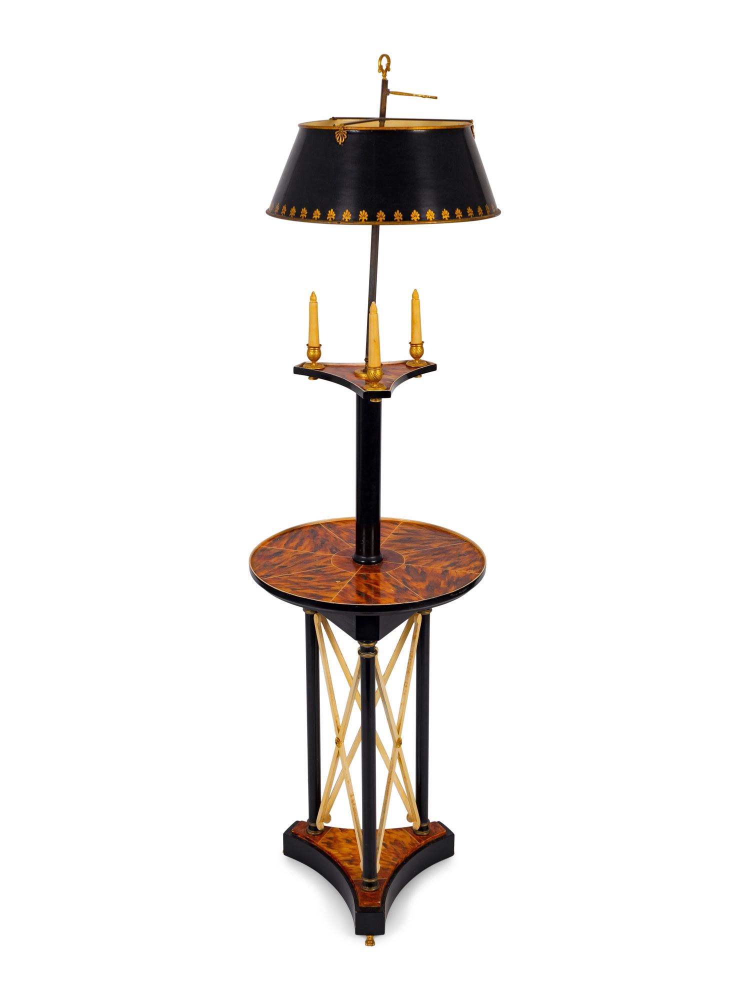A Neoclassical Style Faux Tortoiseshell and Ebonized Tole Floor Lamp with Table — 20TH CENTURY