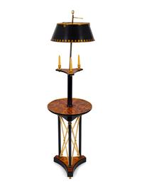 A Neoclassical Style Faux Tortoiseshell and Ebonized Tole Floor Lamp with Table — 20TH CENTURY