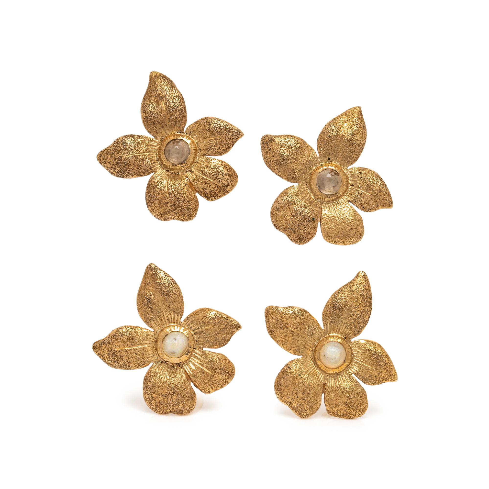 PAIR OF YELLOW GOLD AND GEMSTONE FLOWER EARCLIPS