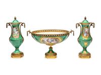 A Gilt Metal Mounted Sèvres Style Porcelain Three-Piece Garniture