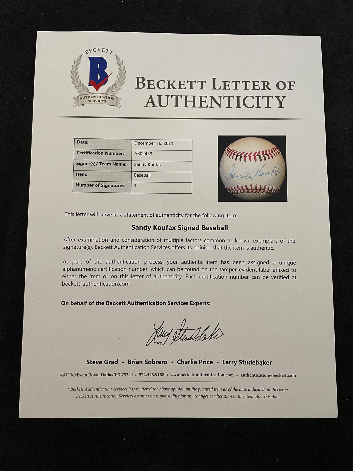 A Sandy Koufax Signed Autograph Baseball (Beckett Authentication Services BAS Certified),