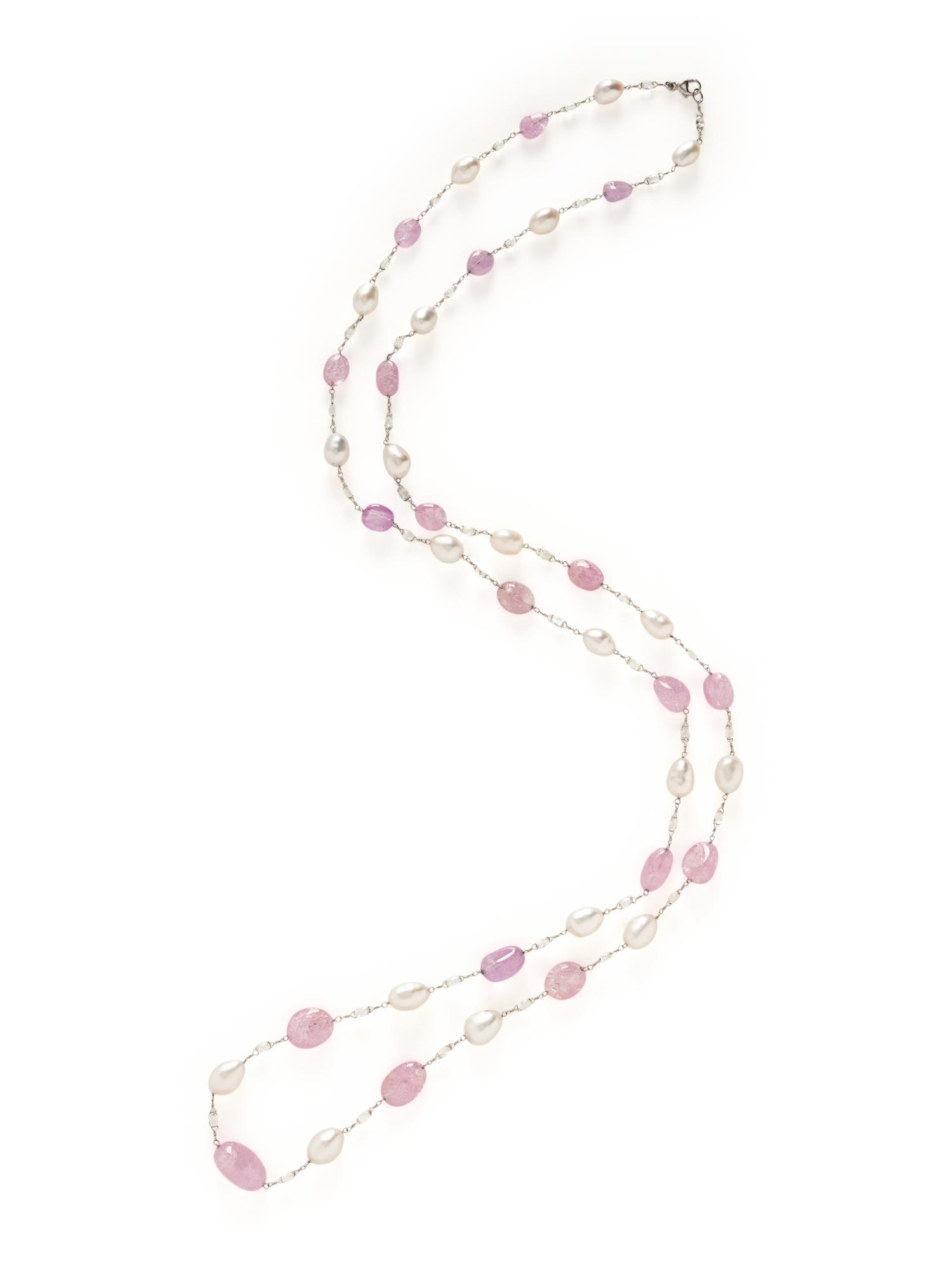 CULTURED PEARL, PINK SAPPHIRE, AND DIAMOND NECKLACE