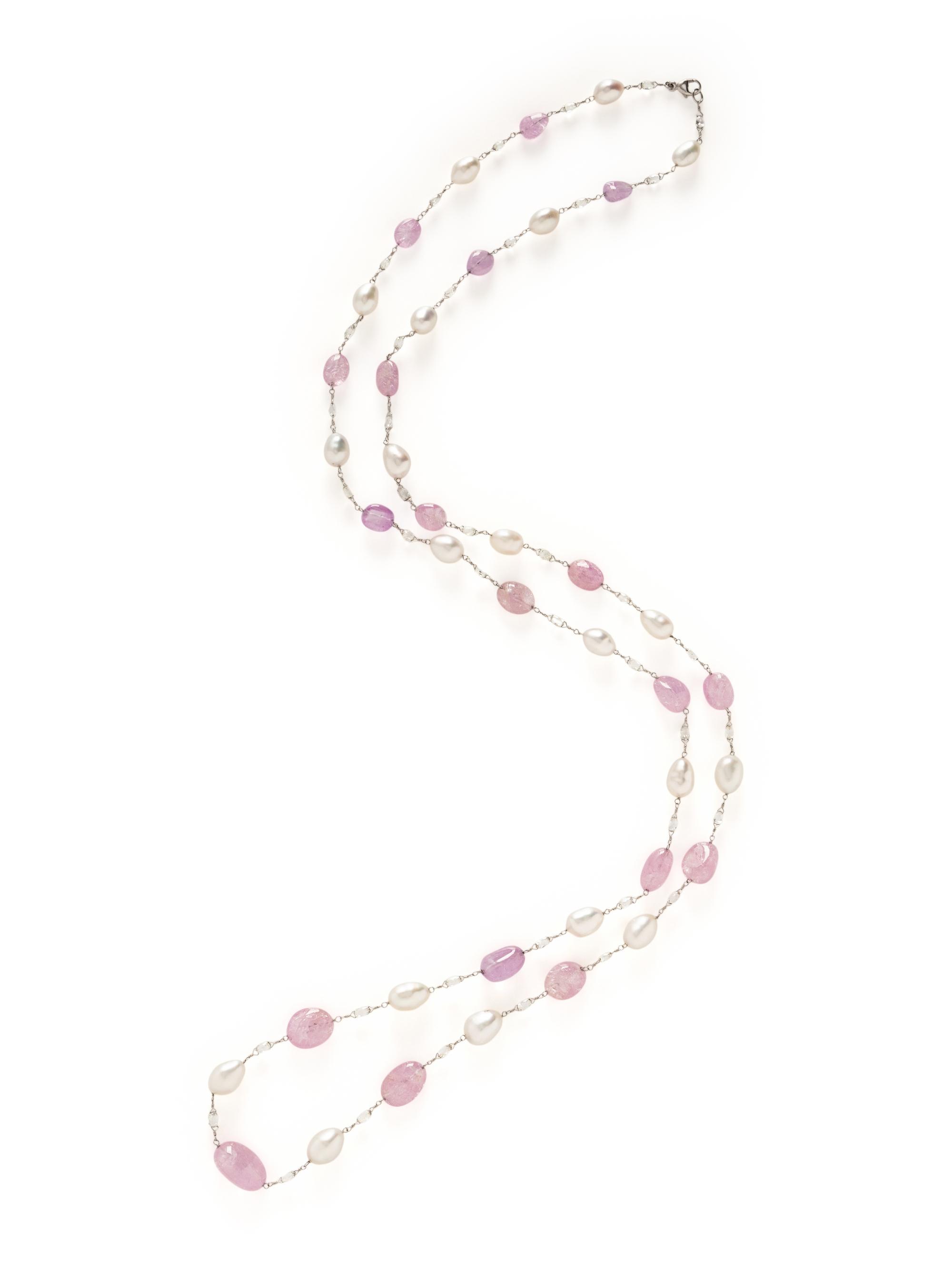 CULTURED PEARL, PINK SAPPHIRE, AND DIAMOND NECKLACE