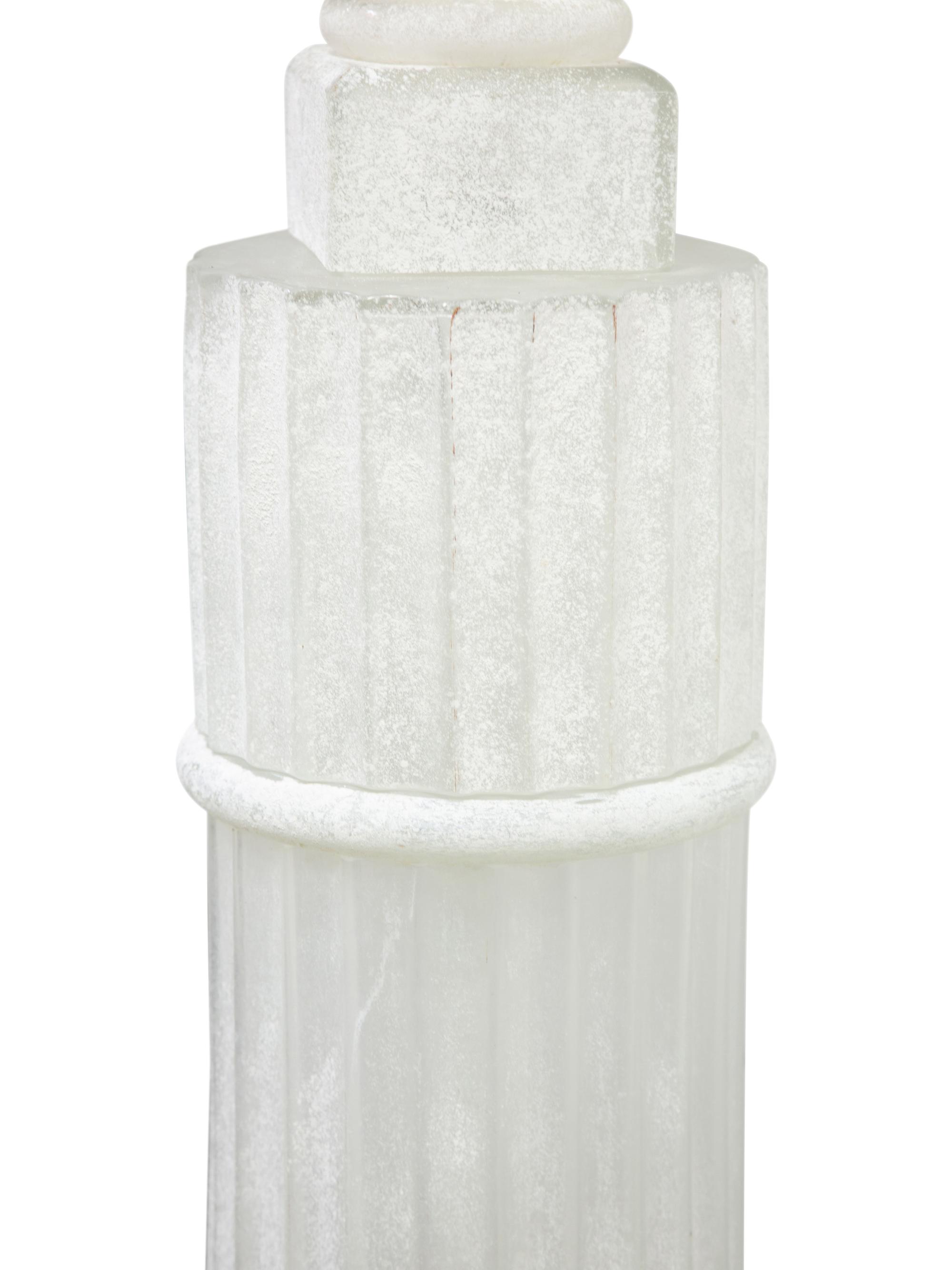 A Pair of Italian Frosted Glass Floor Lamps Modeled as Urns on Pedestals