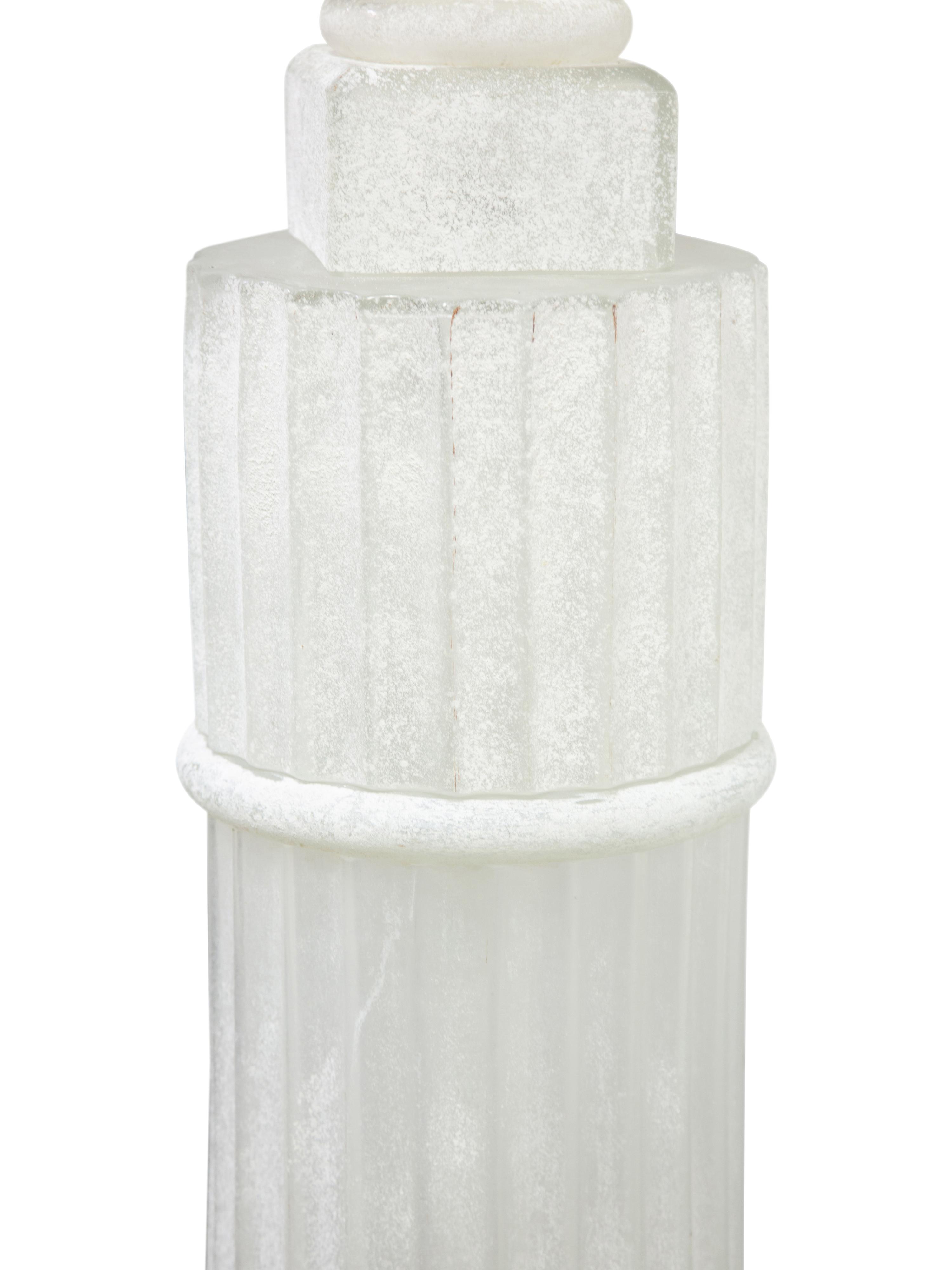 A Pair of Italian Frosted Glass Floor Lamps Modeled as Urns on Pedestals