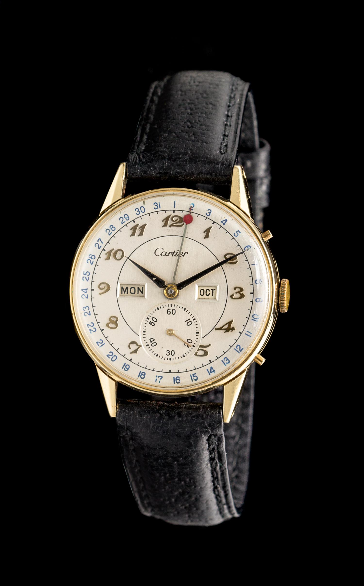 A 14 Karat Yellow Gold Calendograph Wristwatch, Movado for Cartier,