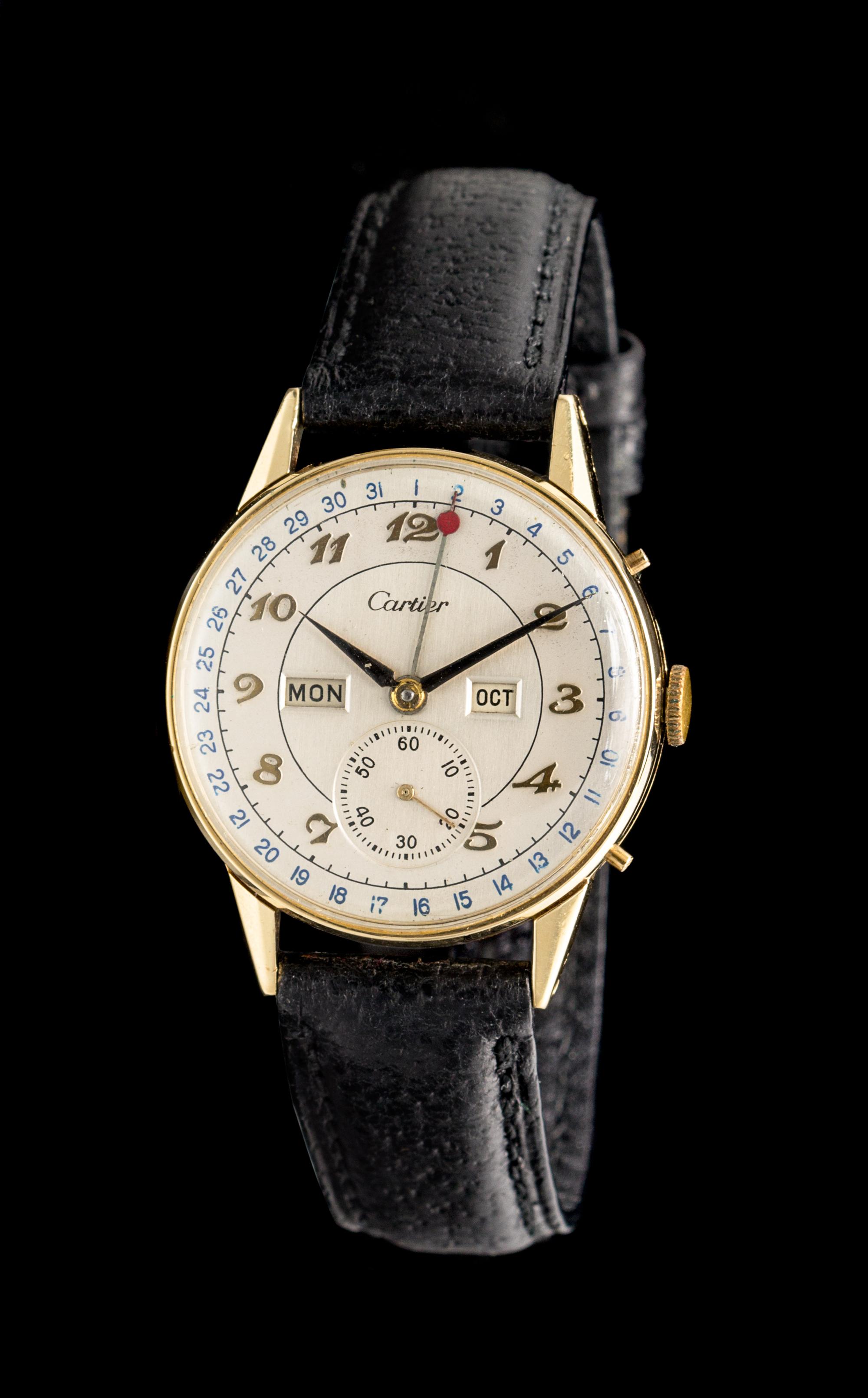 A 14 Karat Yellow Gold Calendograph Wristwatch, Movado for Cartier,