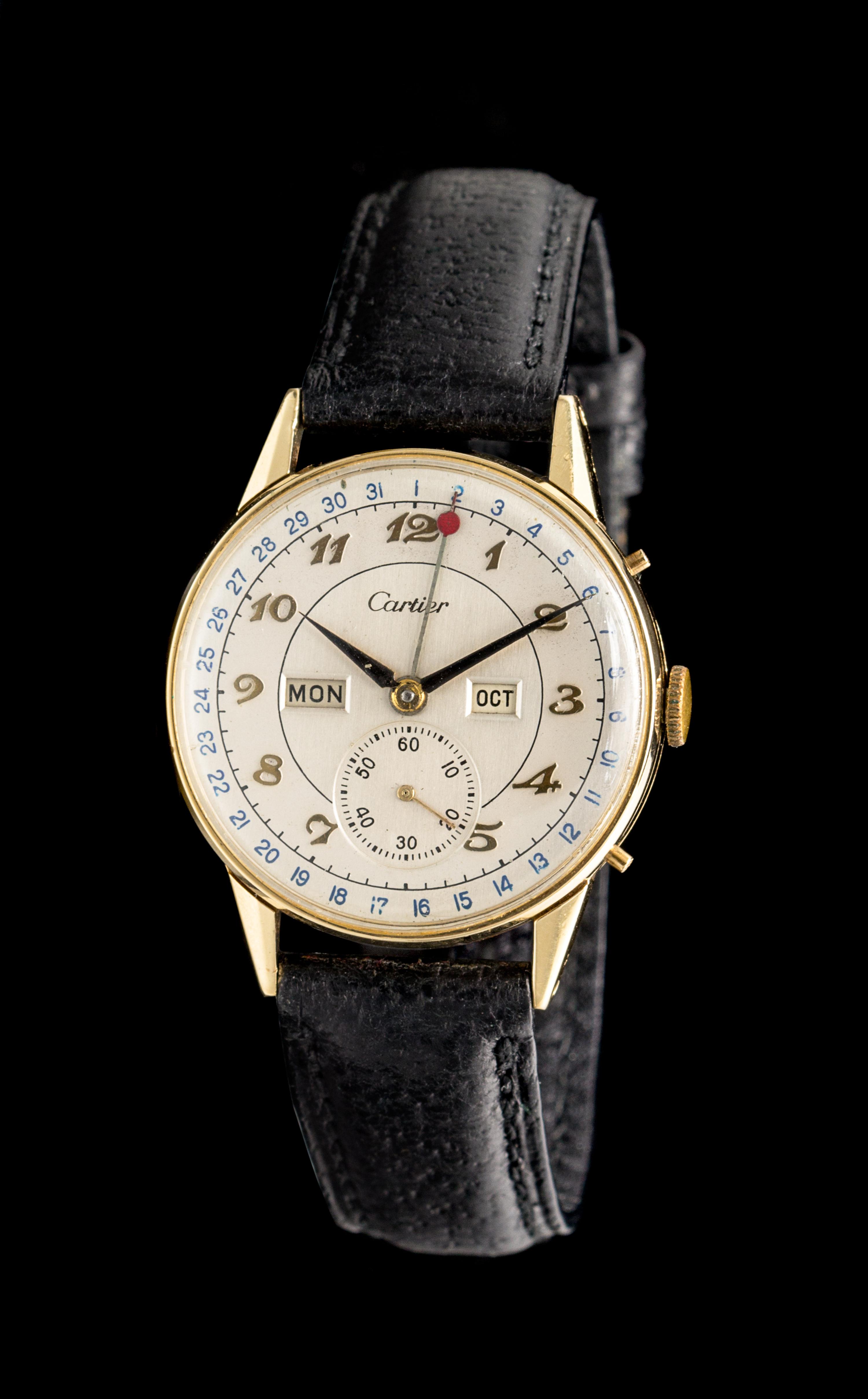 A 14 Karat Yellow Gold Calendograph Wristwatch, Movado for Cartier,