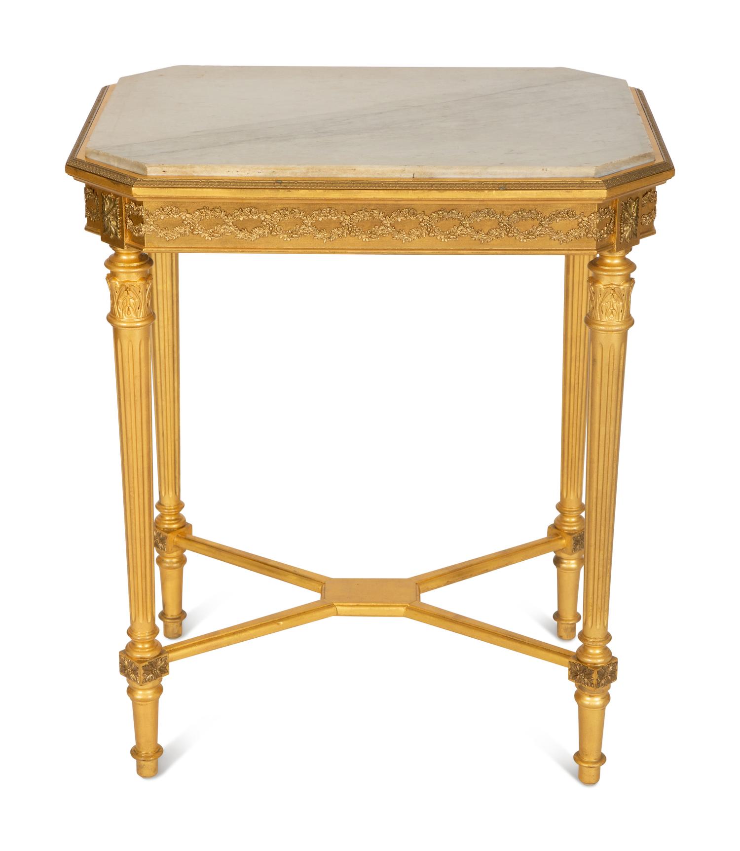 A Louis XVI Style Giltwood Marble Top Side Table