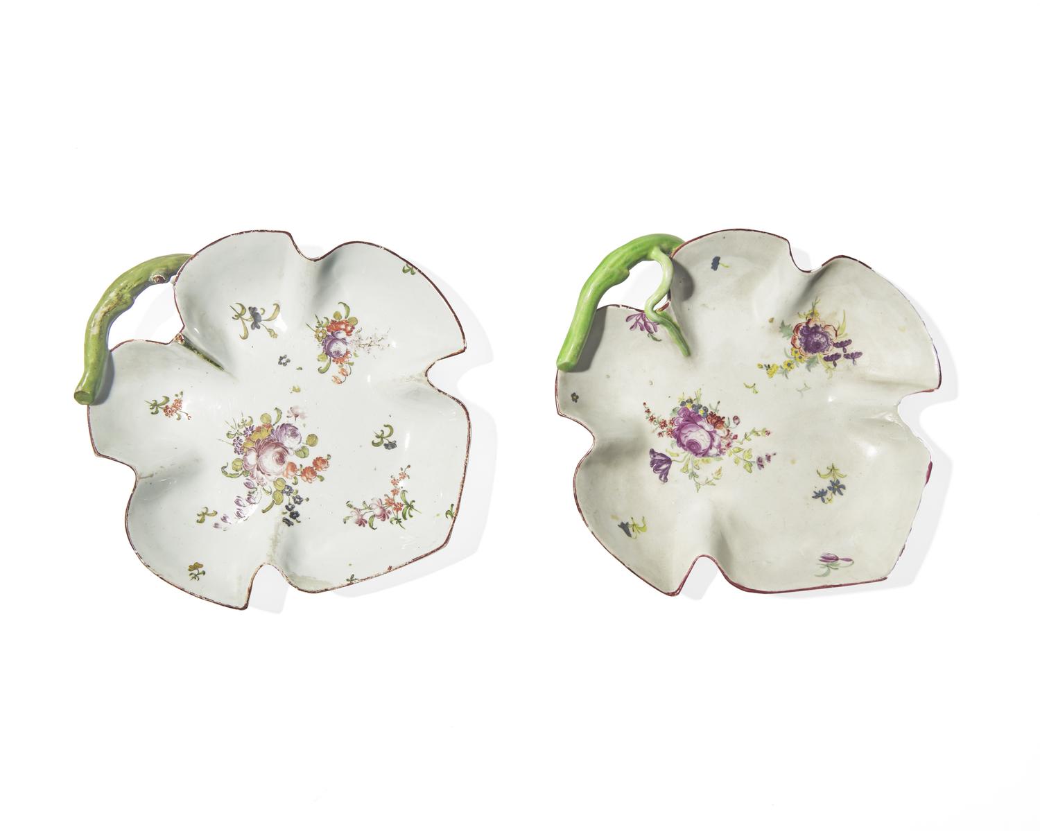 A Pair of Longton Hall Soft-Paste Porcelain Leaf Form Dishes