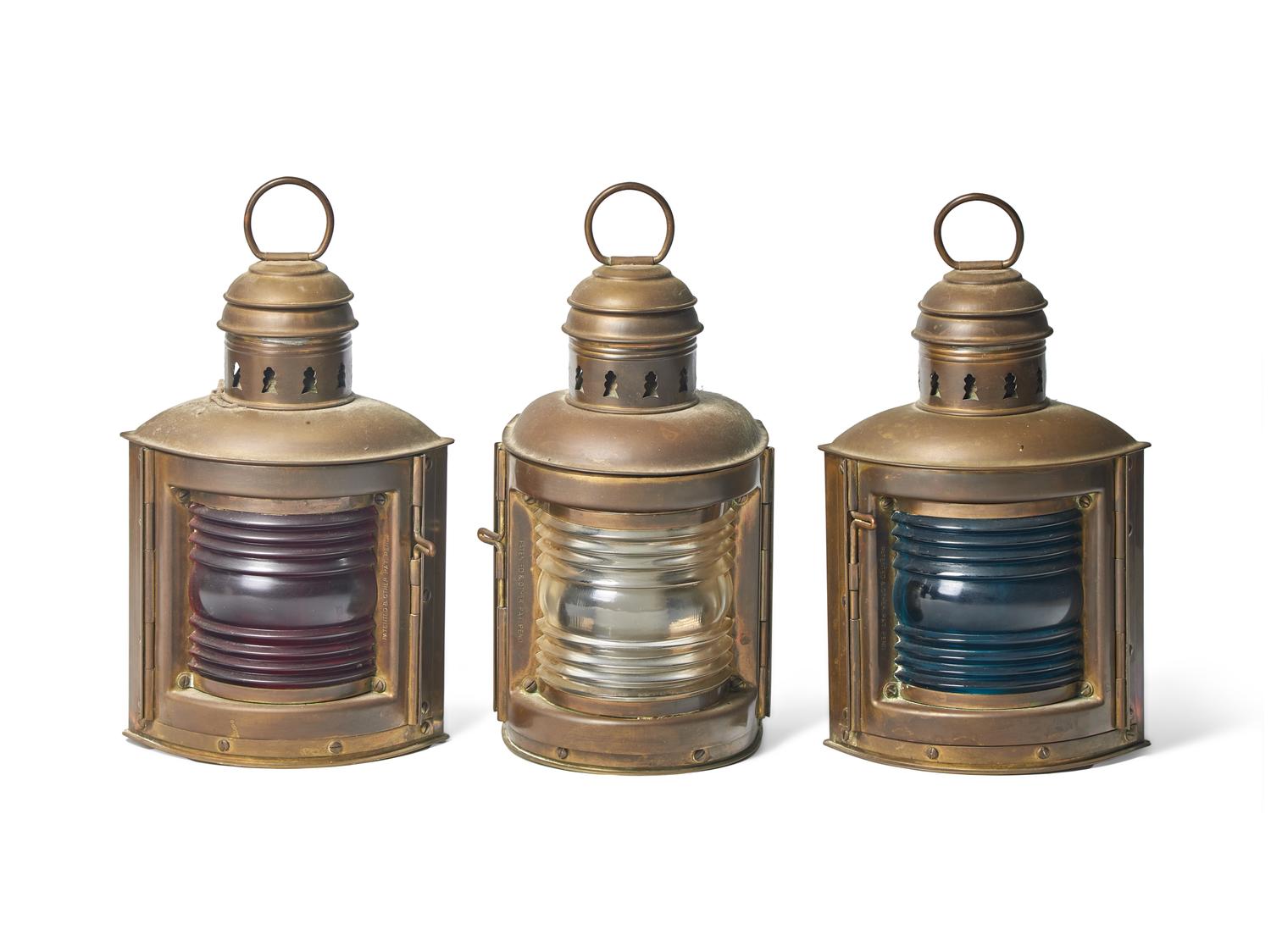 Three Brass and Ribbed Glass Ship Lanterns