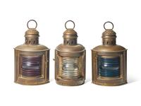 Three Brass and Ribbed Glass Ship Lanterns
