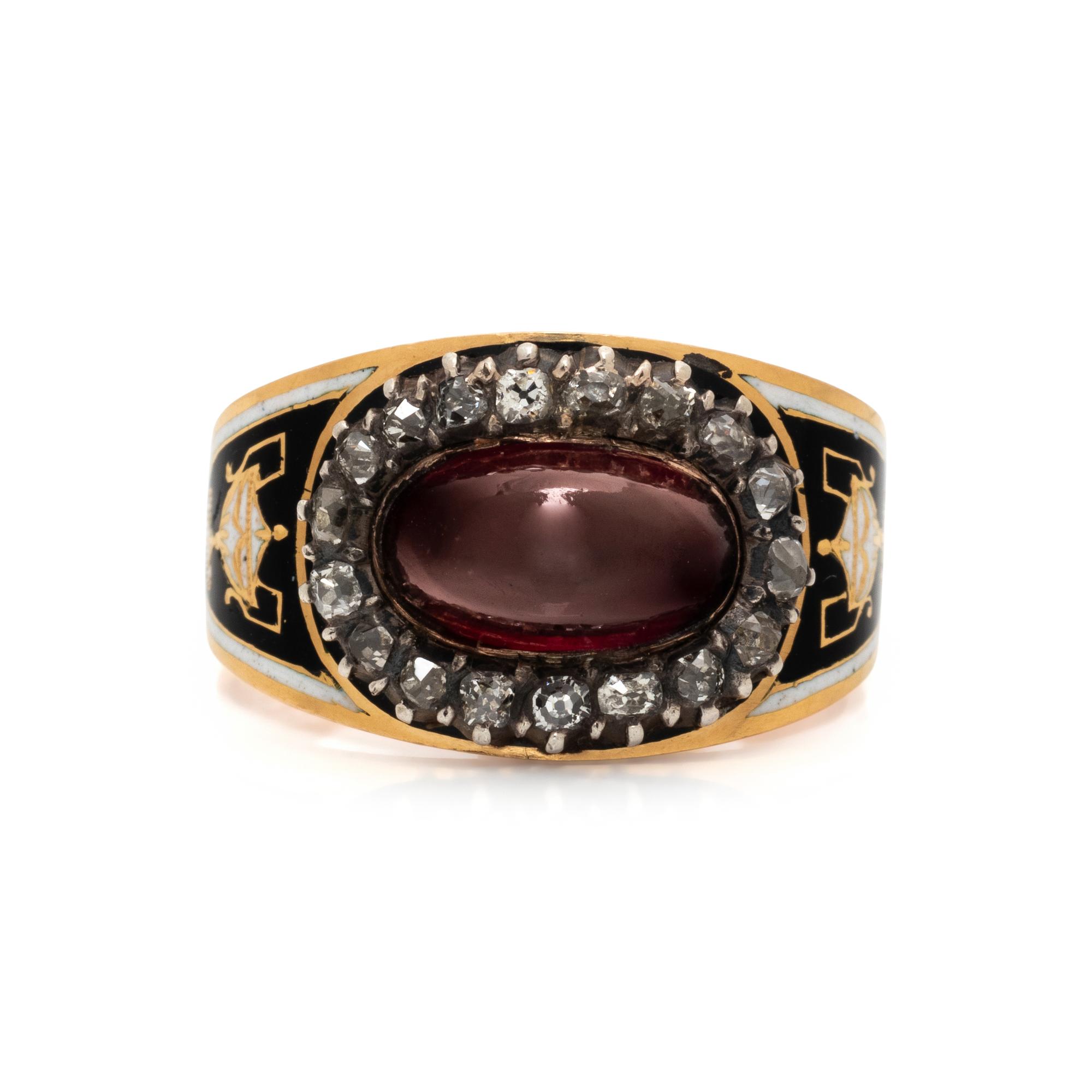 GEORGIAN, GARNET, ENAMEL, AND DIAMOND RING