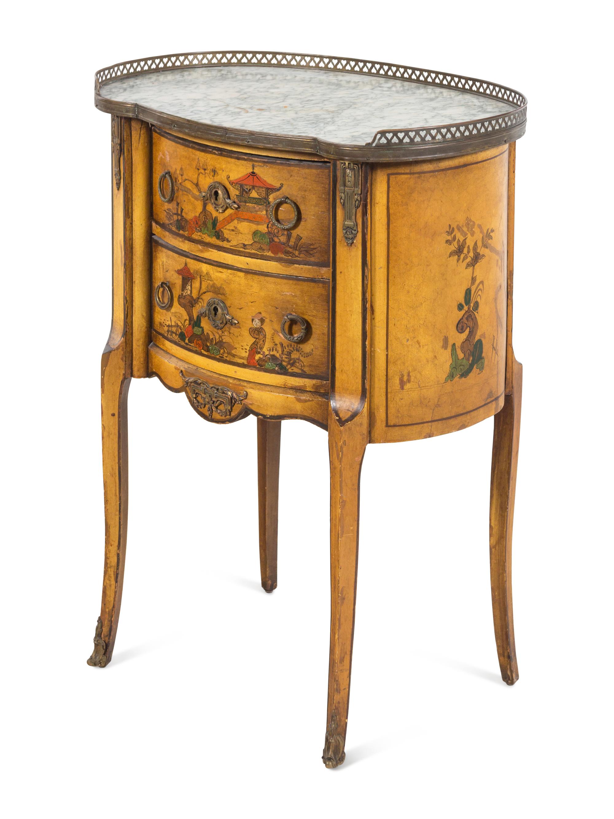 A Louis XV Style Chinoiserie Decorated Marble-Top Small Commode