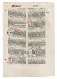 [ILLUMINATION]. CASSIDORUS, Magnus Aurelius. Expositio in Psalterium. [Basel: Johann Amerbach, 1491.] SINGLE LEAF, 4 initials.