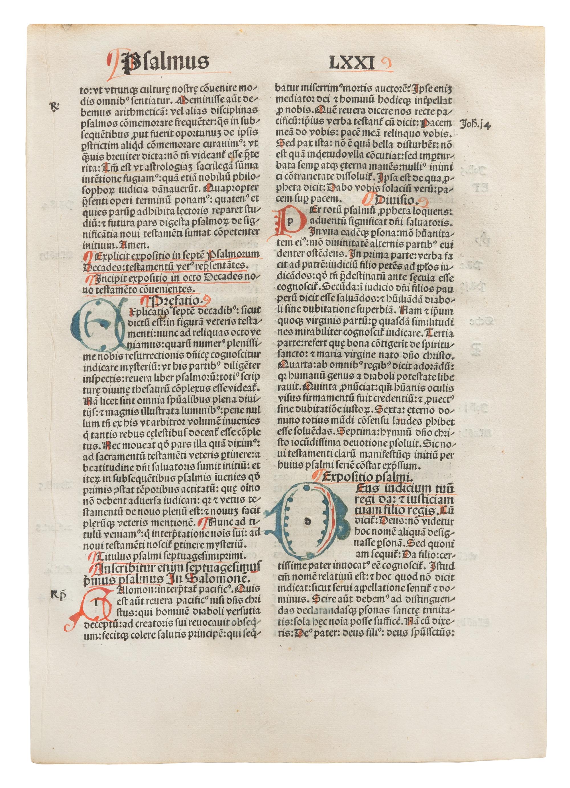 [ILLUMINATION]. CASSIDORUS, Magnus Aurelius. Expositio in Psalterium. [Basel: Johann Amerbach, 1491.] SINGLE LEAF, 4 initials.