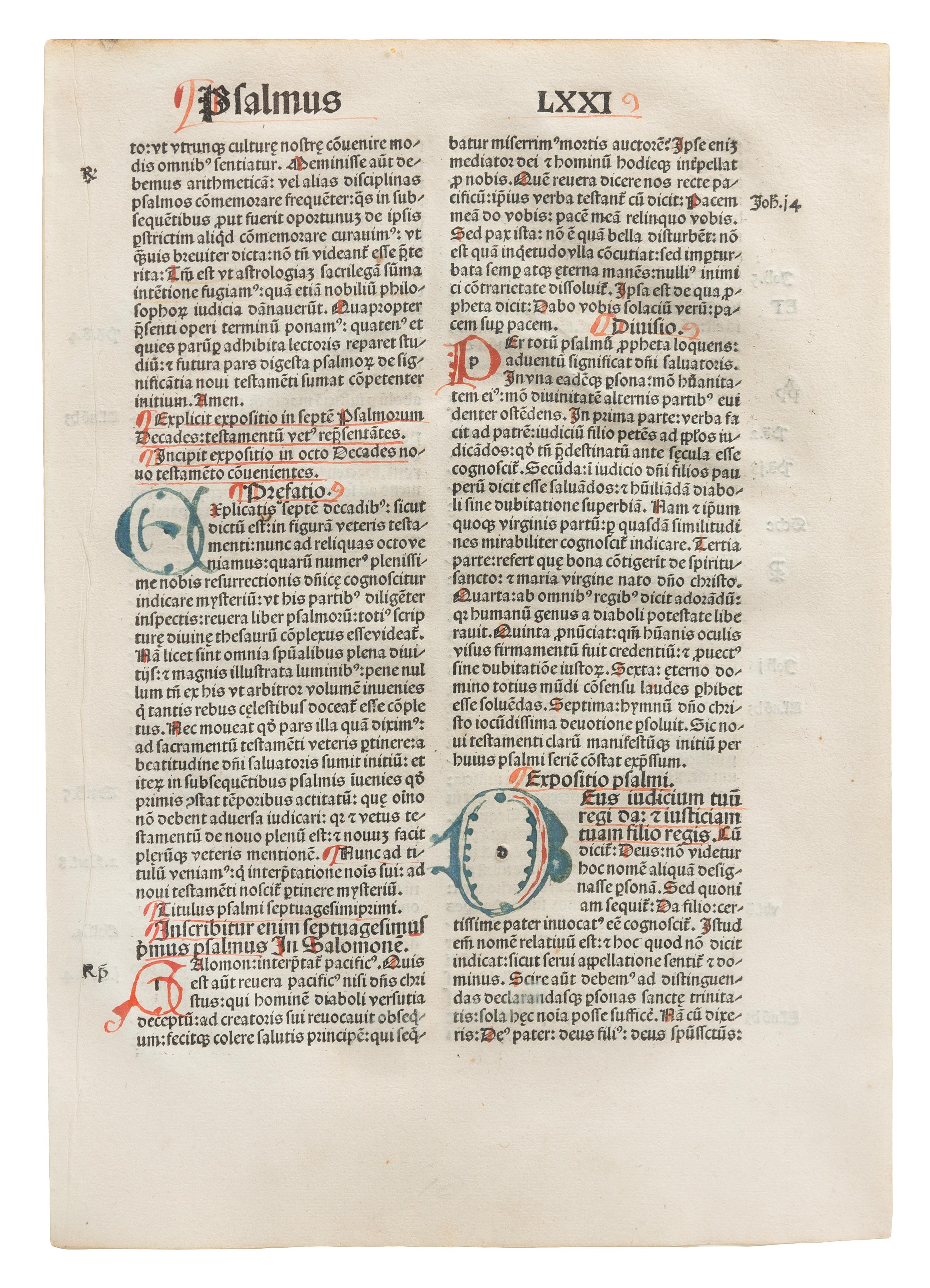 [ILLUMINATION]. CASSIDORUS, Magnus Aurelius. Expositio in Psalterium. [Basel: Johann Amerbach, 1491.] SINGLE LEAF, 4 initials.
