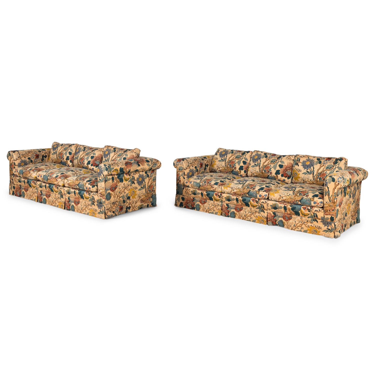 A Pair of Printed Cotton Upholstered Three-Cushion Sofas