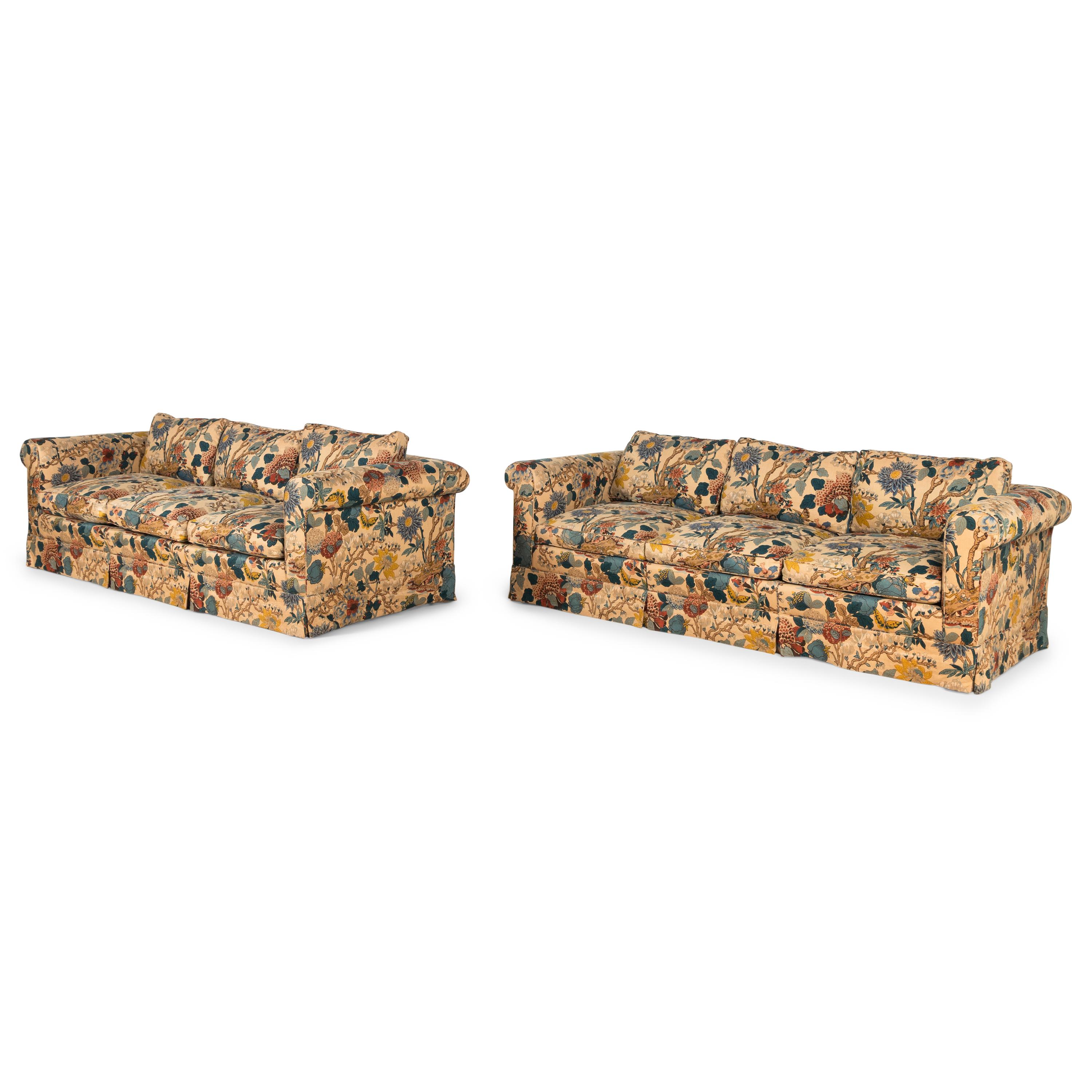 A Pair of Printed Cotton Upholstered Three-Cushion Sofas