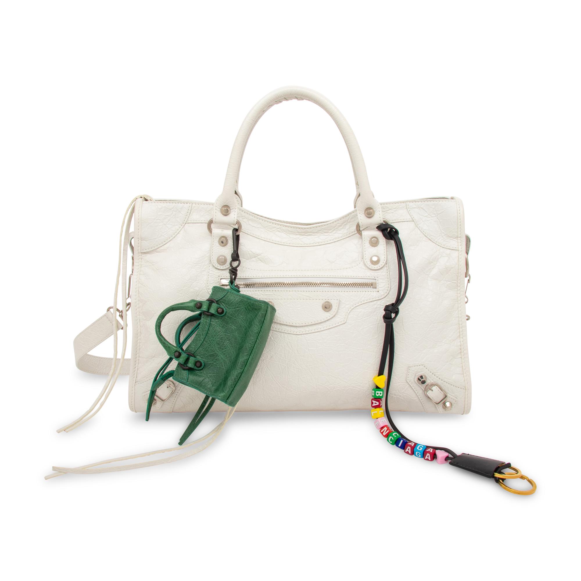 BALENCIAGA, WHITE MEDIUM CITY BAG WITH CHARMS