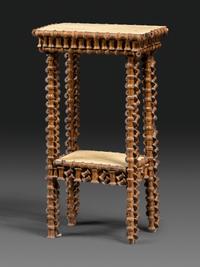 A Folk Art Wood Spool Decorated Pedestal Table
