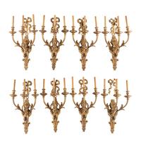A Set of Eight Louis XVI Style Gilt Bronze Three-Light Sconces