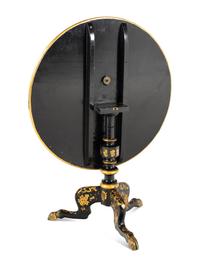 A Regency Style Lacquered and Gilt Decorated Tilt Top Tea Table