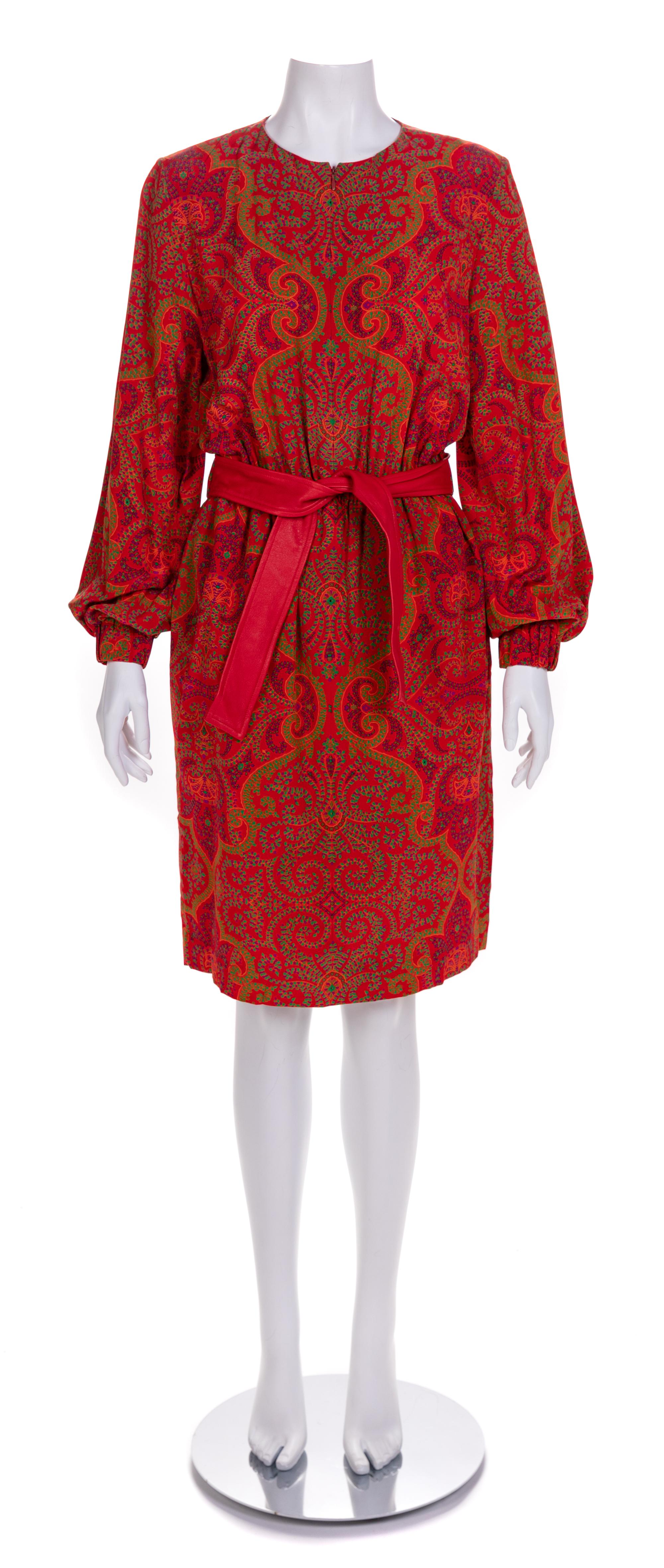 Bill Blass Red Floral Dress with Leather Tie, 1980s No size label