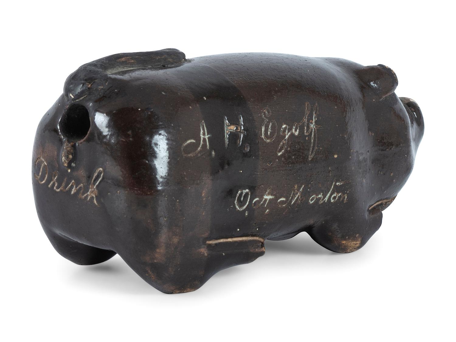 A Rare Mogadore, Ohio Inscribed Stoneware Pig Flask